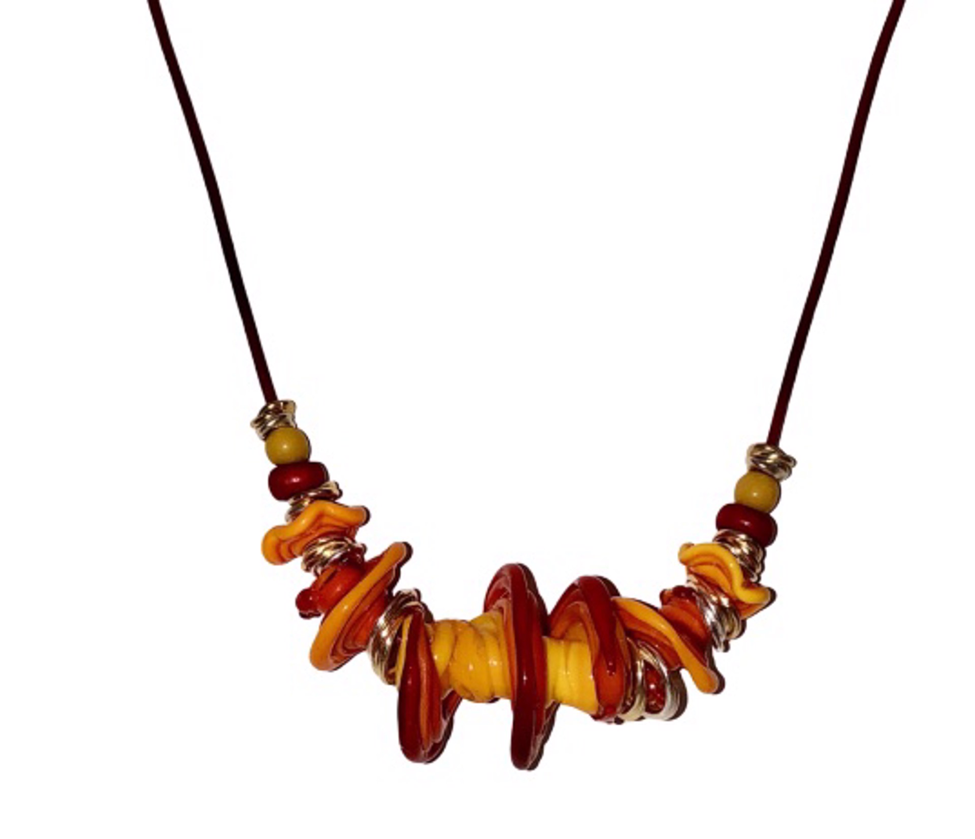Necklace - Fall Over Me - Handmade lampwork glass Orange, Red, Yellow spiral/ruffle disks and beads on red leather with stainless steel clasp/chain 18-20" adjustable by Melissa Rogers