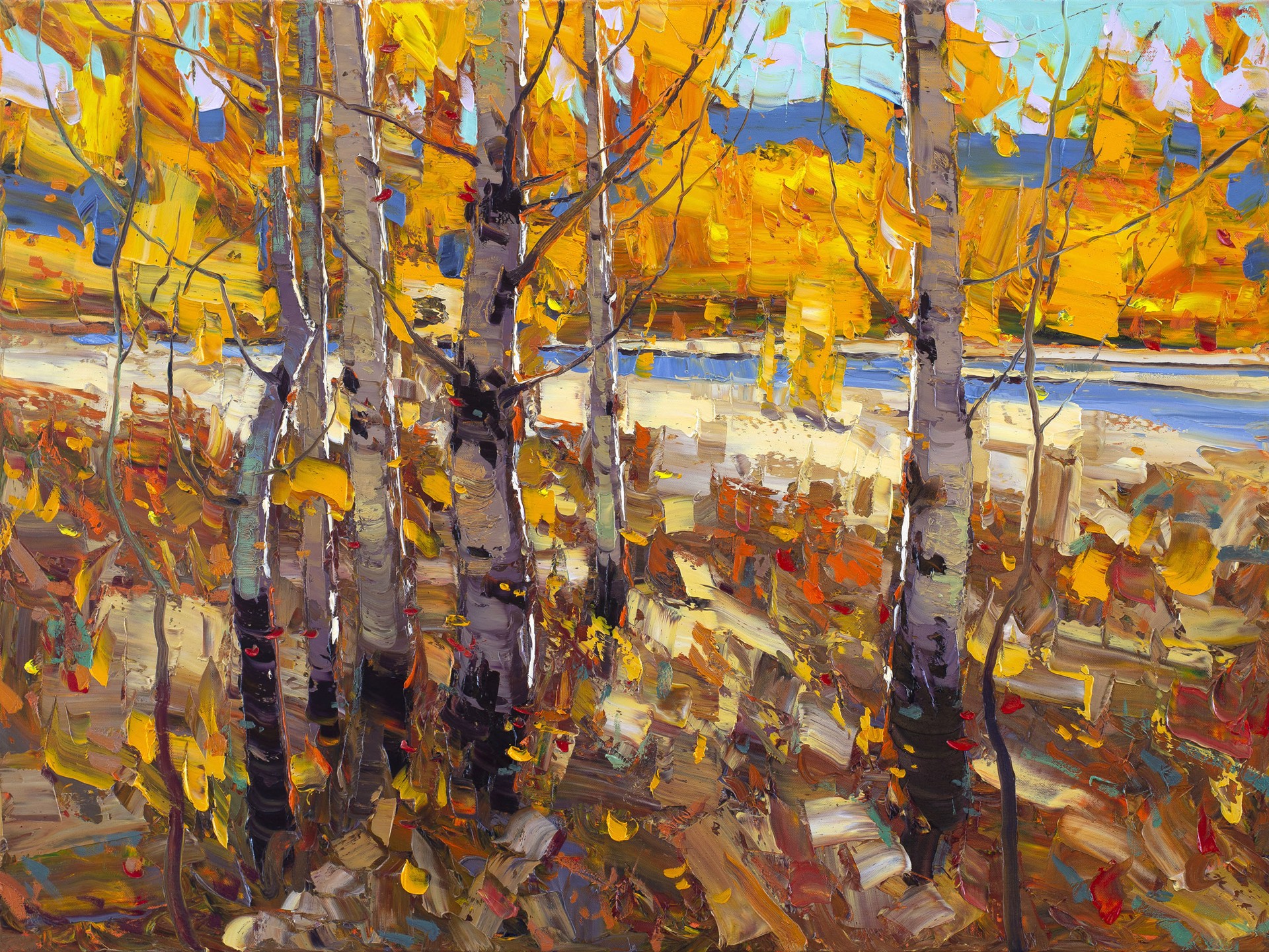 Original Landscape Painting Featuring Aspen Trees With Fall Foliage And Blue Mountain In The Background