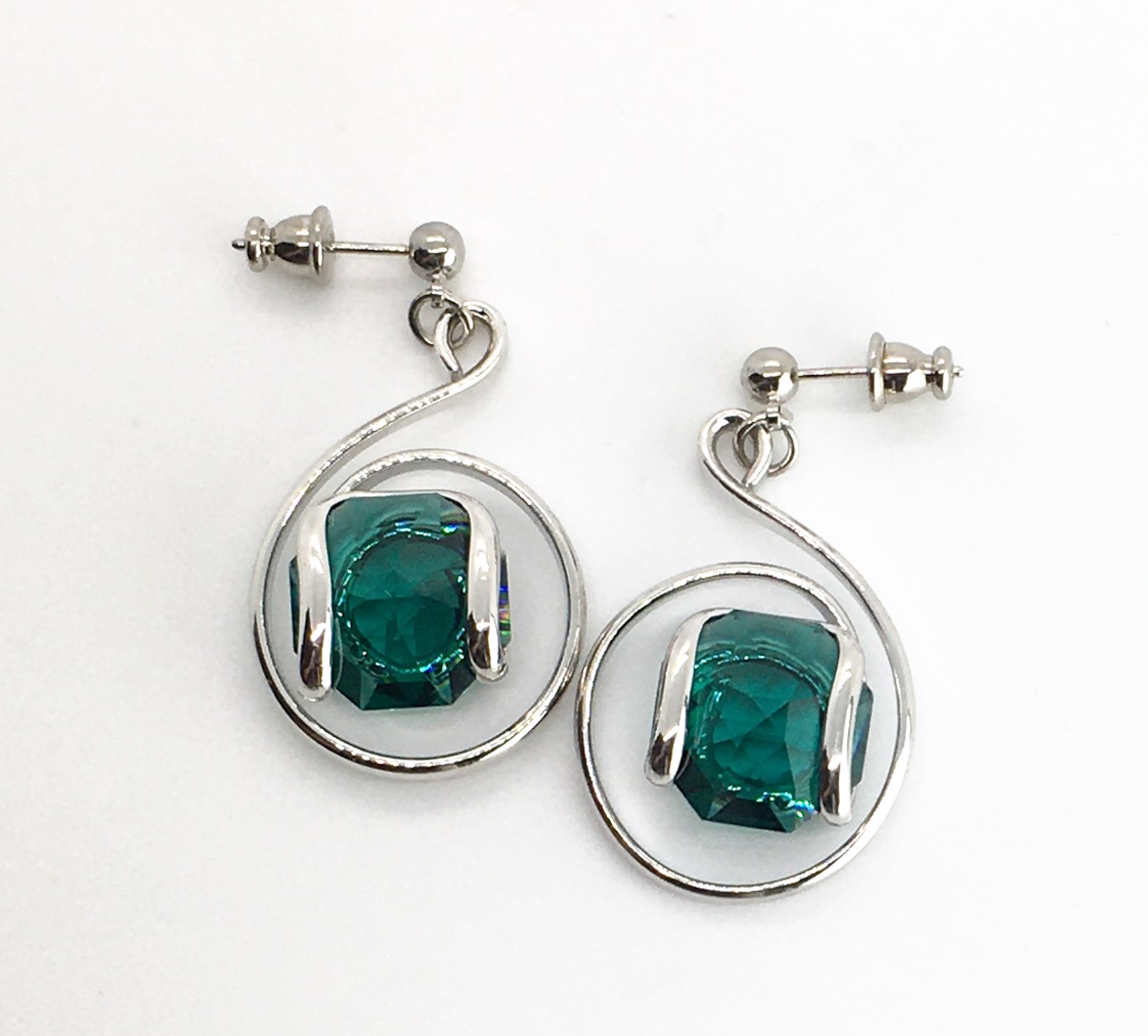 Earrings ~ Emerald Green Austrian Swarovski Crystal ~ Mixed Metals Triple Coated with Rhodium ~ Handmade  Setting by Monique Touber