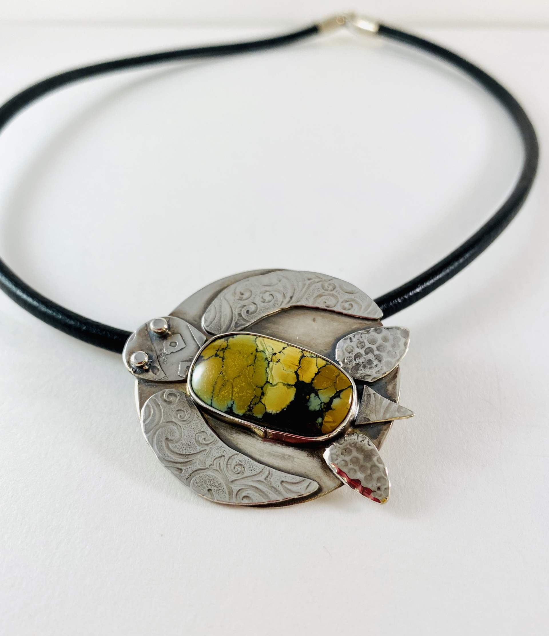 Sterling and Turquoise Turtle Pendant on Leather Cord Necklace AB20-3 by Anne Bivens
