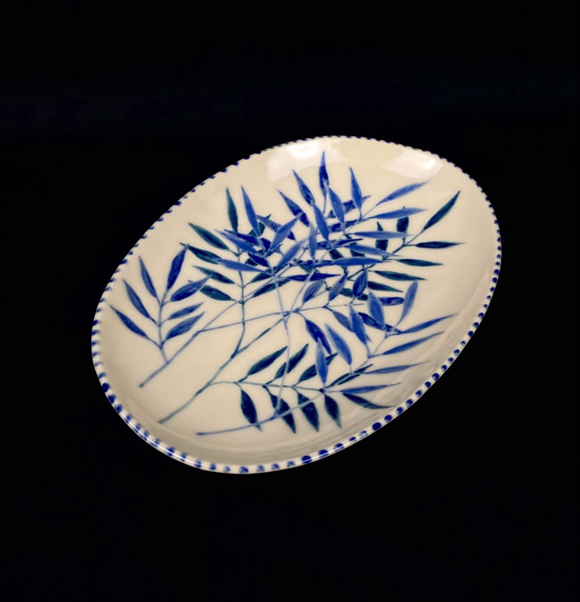 Blue Leaves Oval Dish by Mari Kuroda