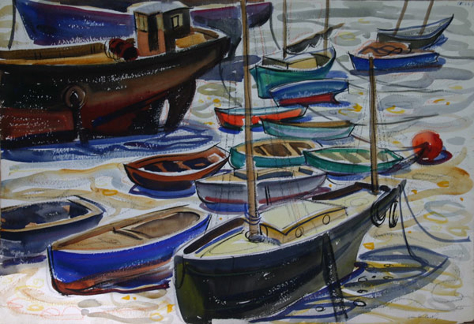 Boats at Brixham, Devon (Little Boats at Low Tide) by Doris McCarthy