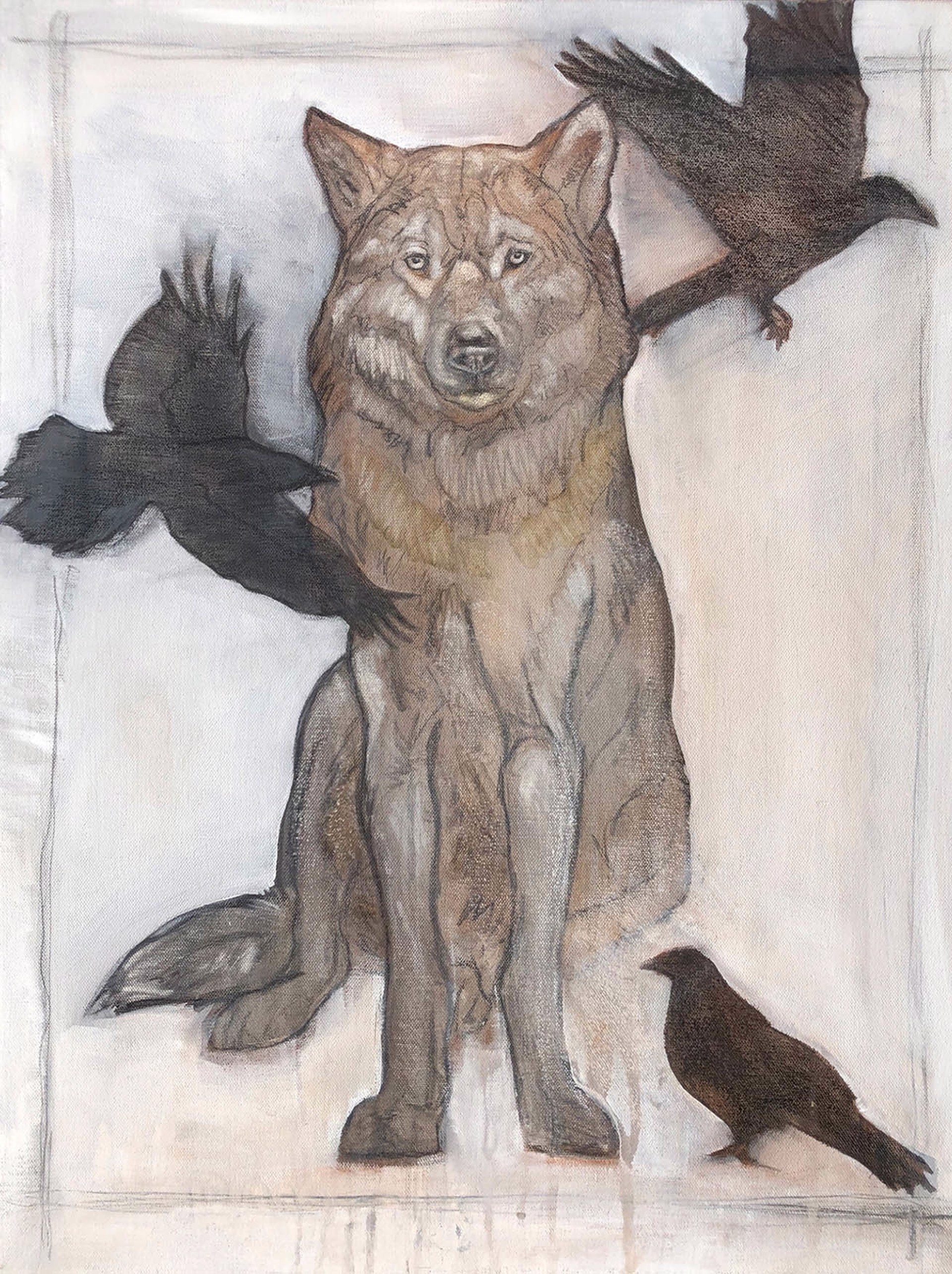 Original Mixed Media Painting Featuring A Seated Wolf With Three Ravens In Neutral Tones