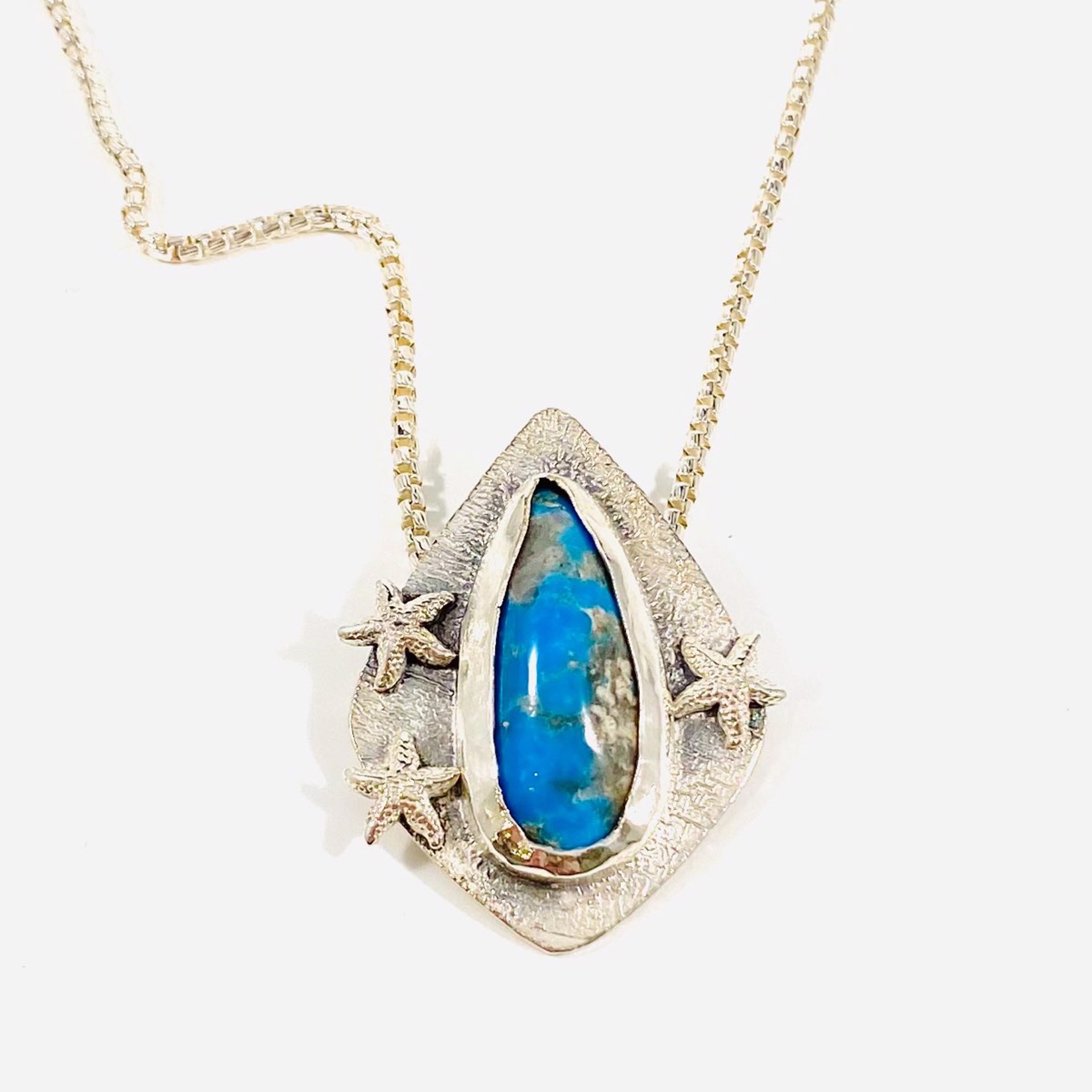 AB21-32 Morenci Turquoise, Silver Pendant on 18"box chain by Anne Bivens