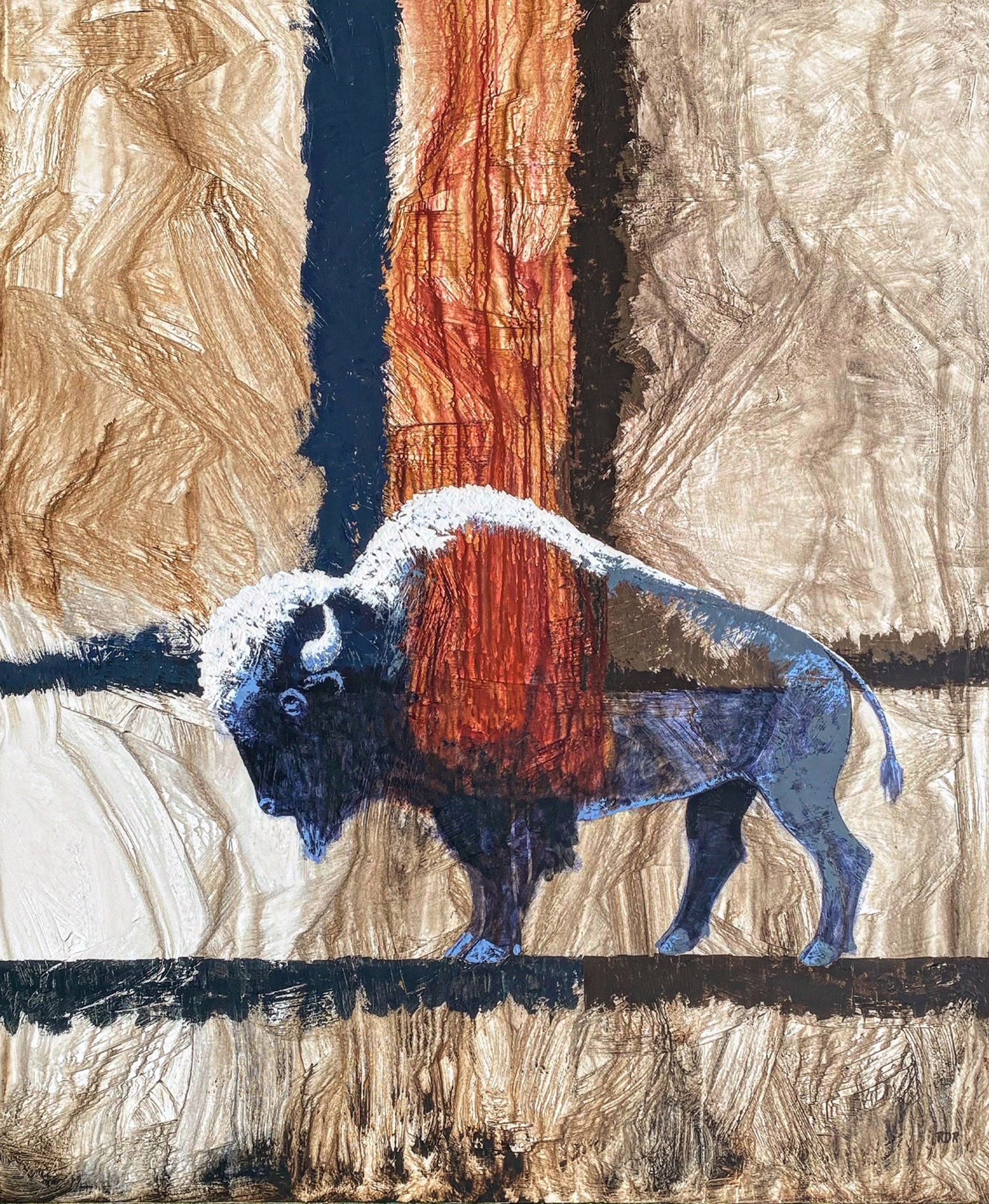 Original Acrylic Painting Of A Bison By Ron Russon Vertical Tan Red And Blue