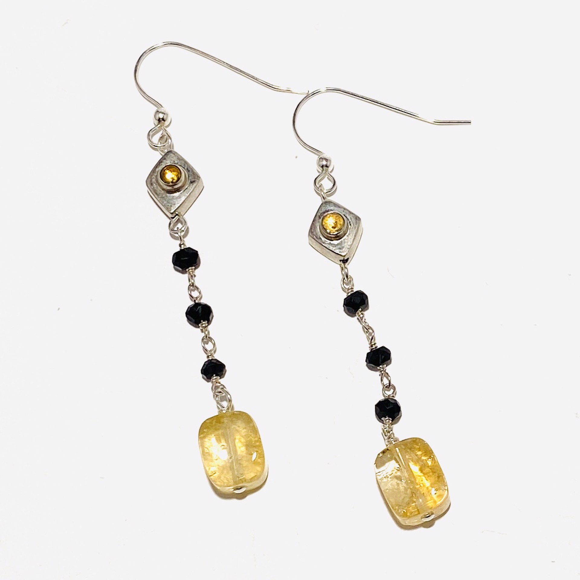 Sterling Framed Citrine, Citrine Drops, Onyx Chain Earrings LR23-14 by Legare Riano