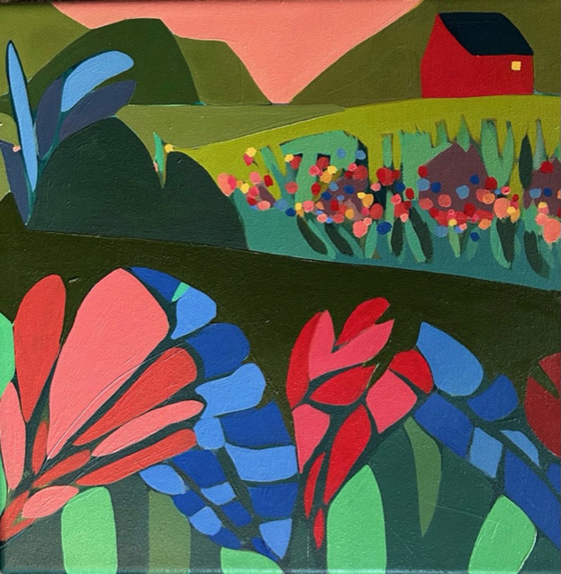 Red Barn with Large Red and Blue Flowers by Sage Tucker-Ketcham