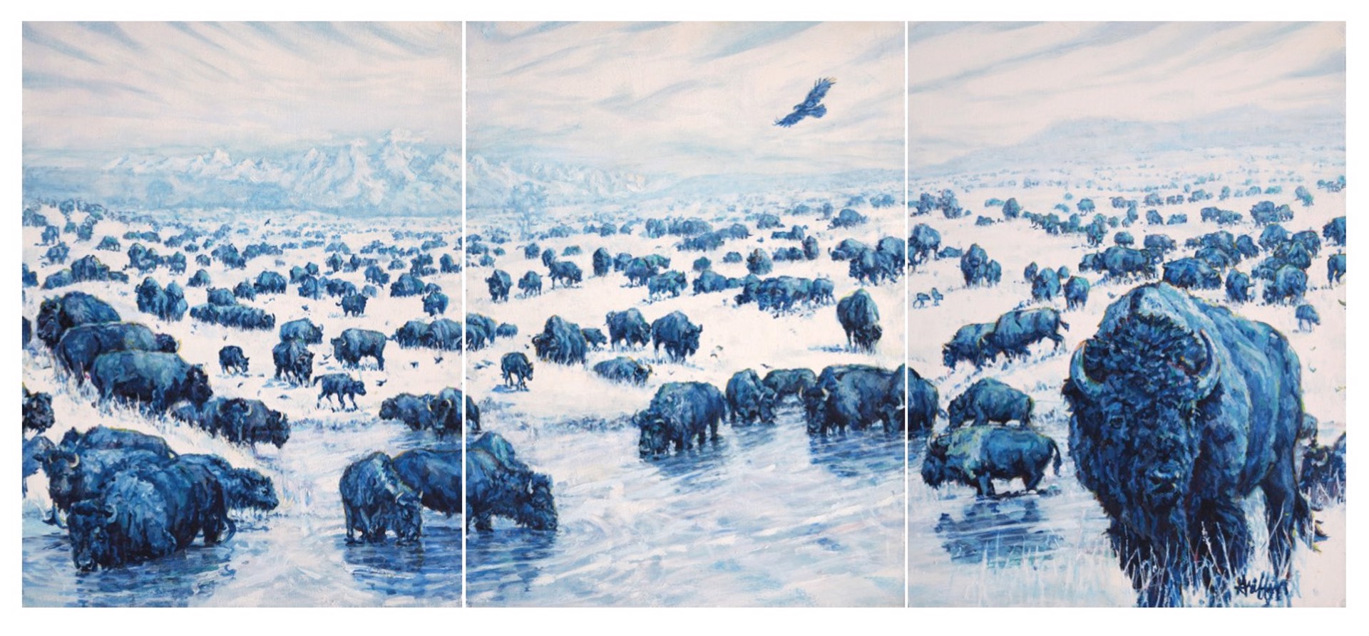 Original Oil Painting Triptych Featuring Bison In Impressionist Style Across Landscape With Water In Foreground And Mountains In Background In Blue Tint