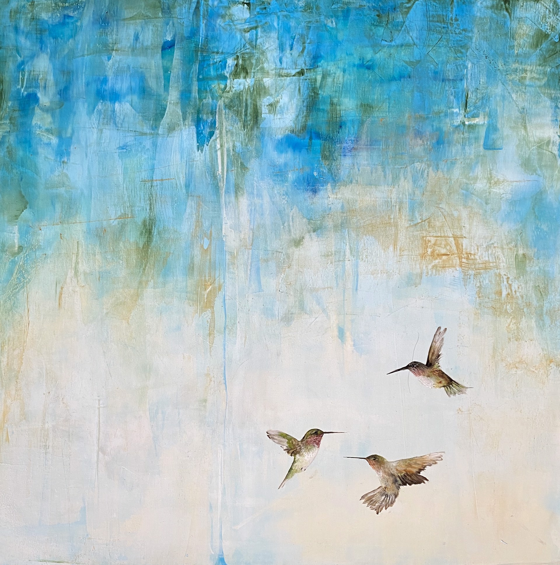 Oil Painting Of Three Humming Birds In Flight With A Contemporary Background Fading Blue To Cream, By Jenna Von Benedikt