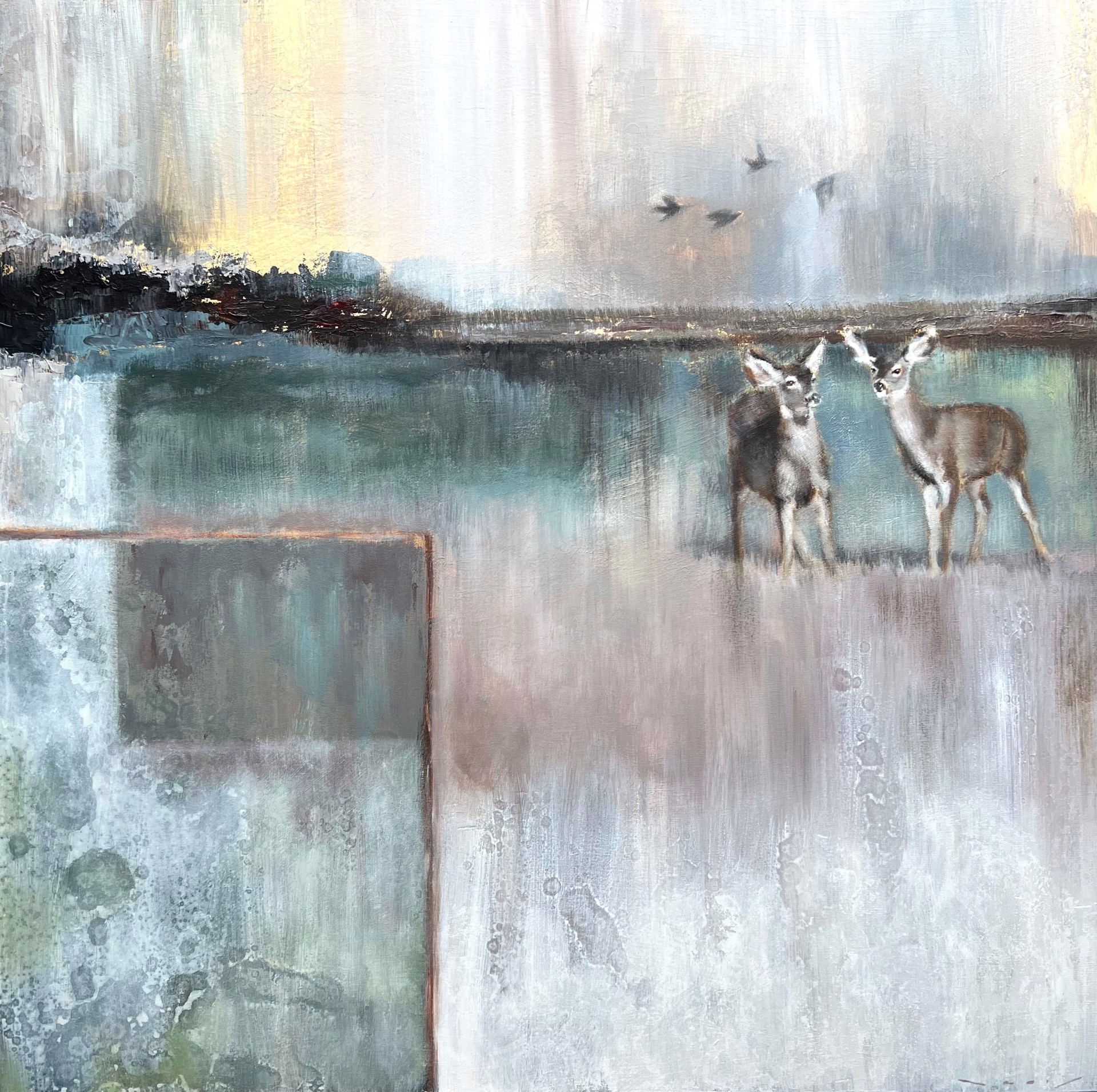 Original Mixed Media Painting By Nealy Riley Featuring Two Deer Over An Abstract Background