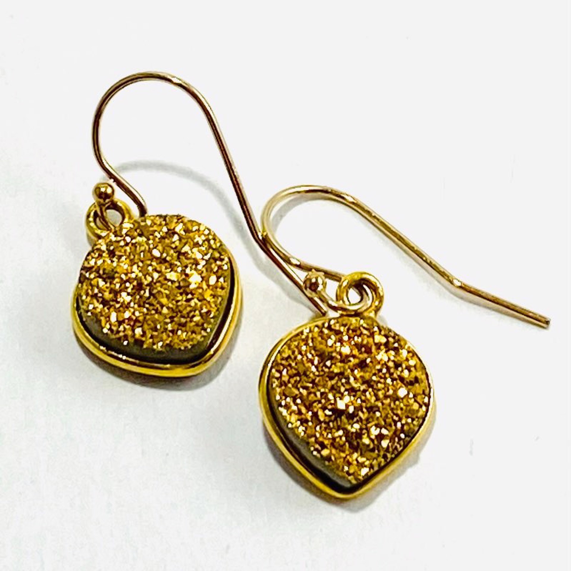 NT22-231 Sparkly Heart Gold Druzy Earrings by Nance Trueworthy