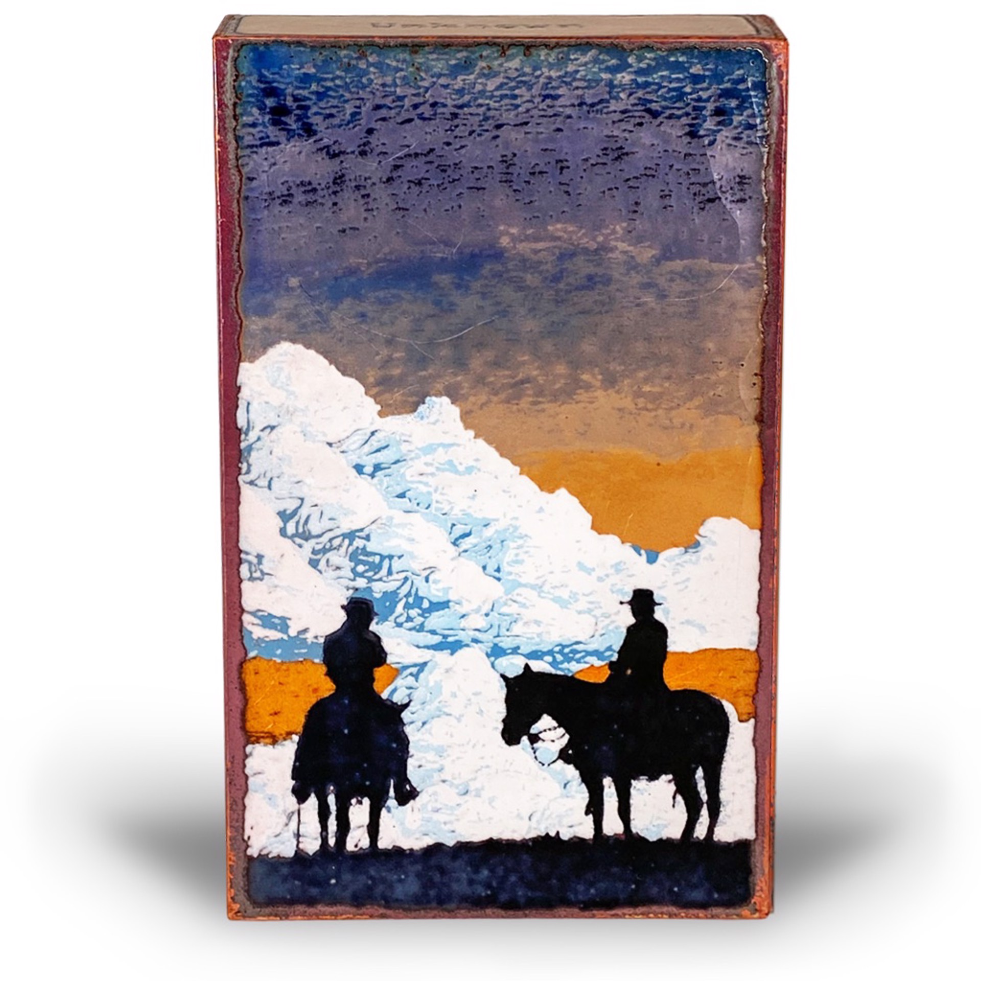 A Houston Llew Glass Fired To Copper Spiritile #256 Featuring Two People On Horses With An Abstract Landscape Behind And A Quote About Friendship And Riding Horses, Available At Gallery Wild