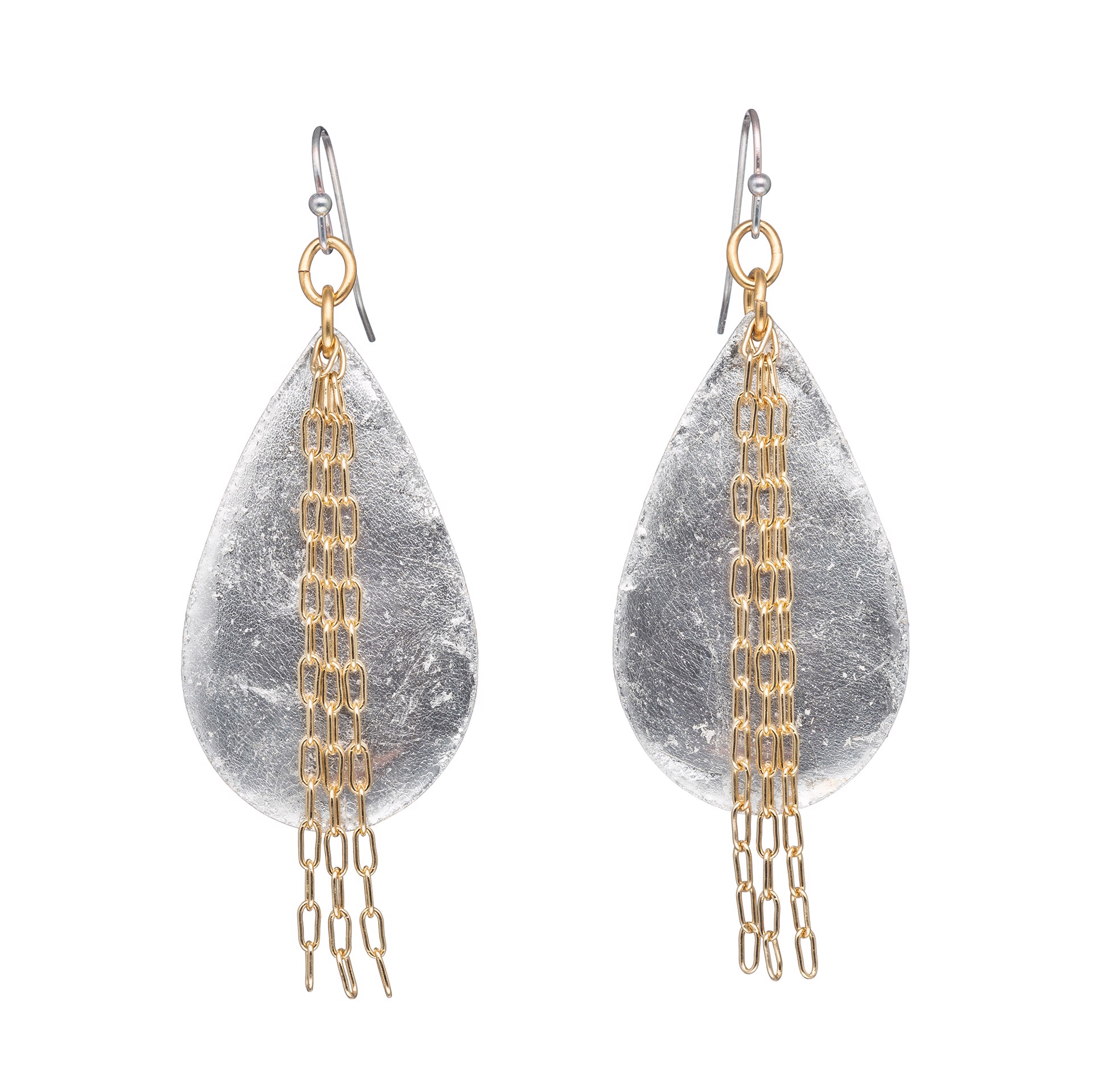 Delia Medium Teardrop Earrings, Silver with Gold Chain by Evocateur