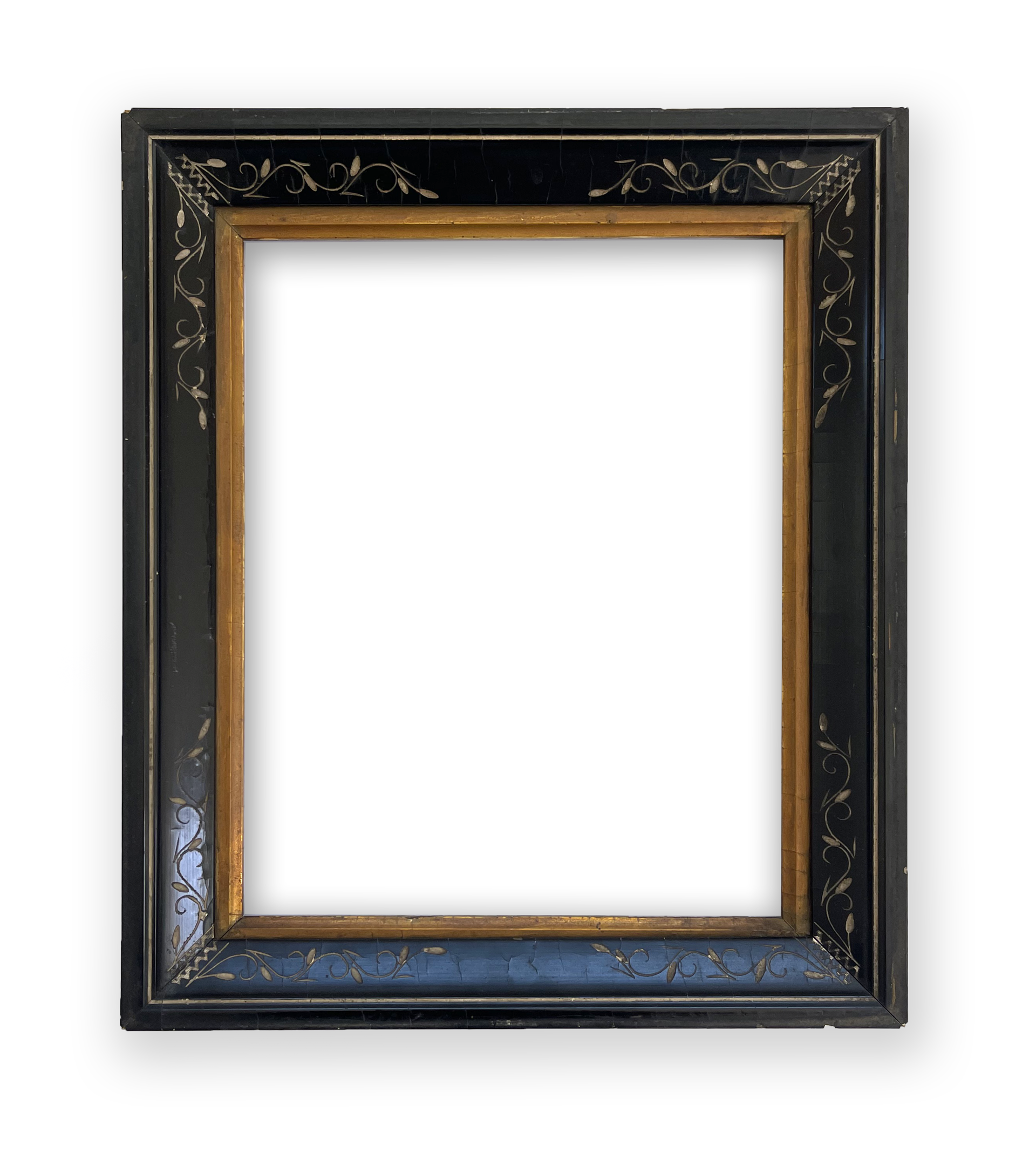 Antique Victorian, Black Gesso frame with Spoon- carved Detail and Gold Gilt Liner by Antique Frame
