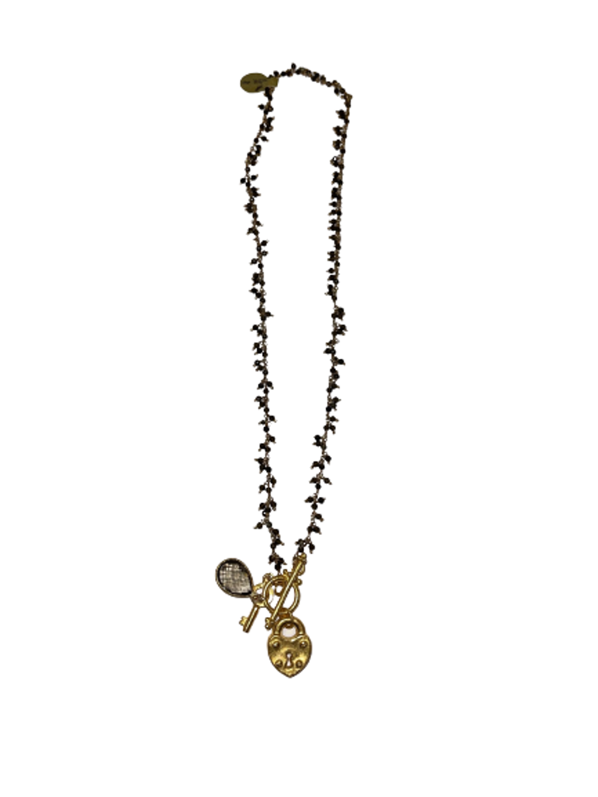 Gold Vermeil and Smokey Quartz Dangle Chain Charm Necklace with a Gold Plated  Heart Lock Charm and Key Charm as well as a small smokey quartz bezel by Karen Birchmier