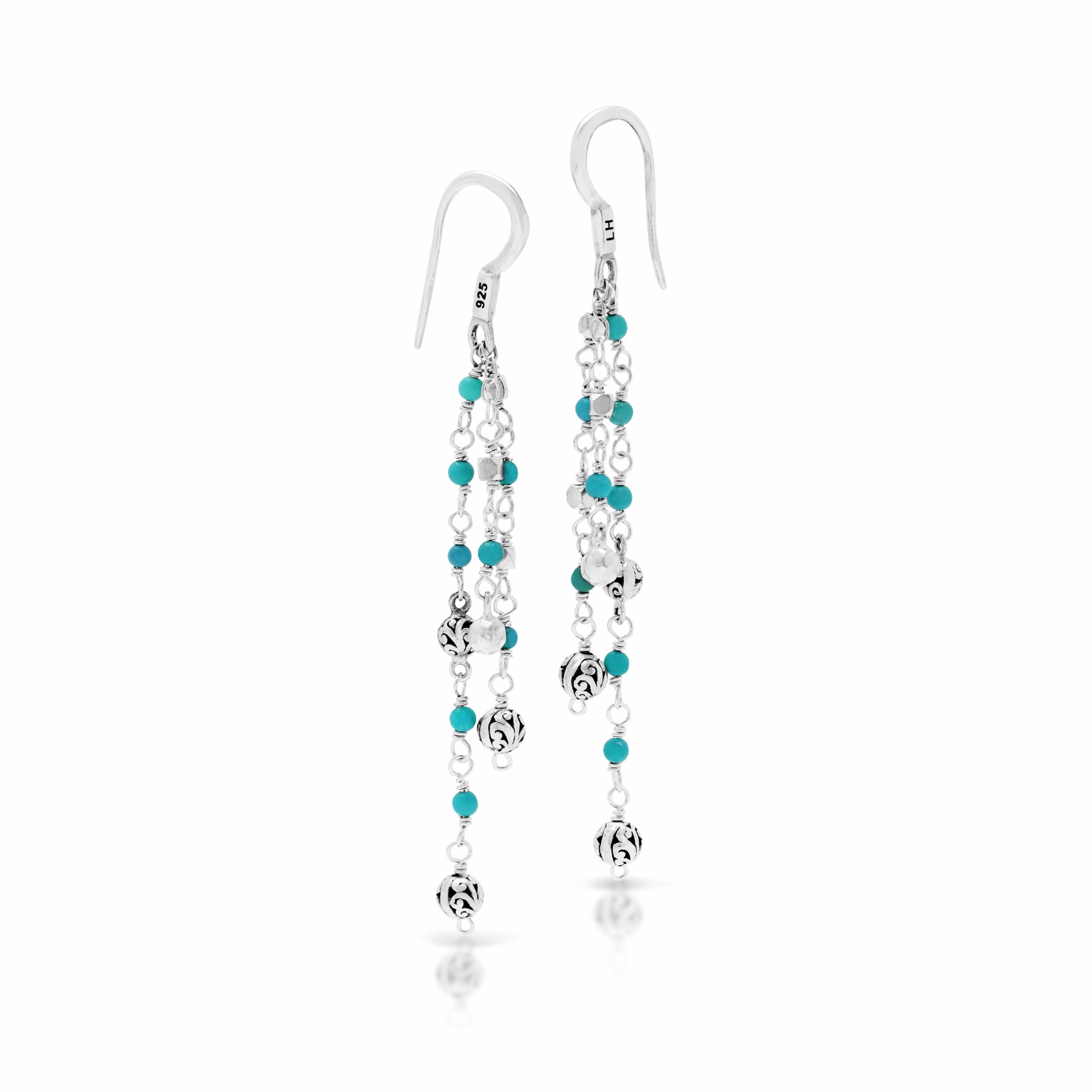 9709 Petite Blue Turquoise and LH Scroll Beads Triple Layer Drop Earrings by Lois Hill