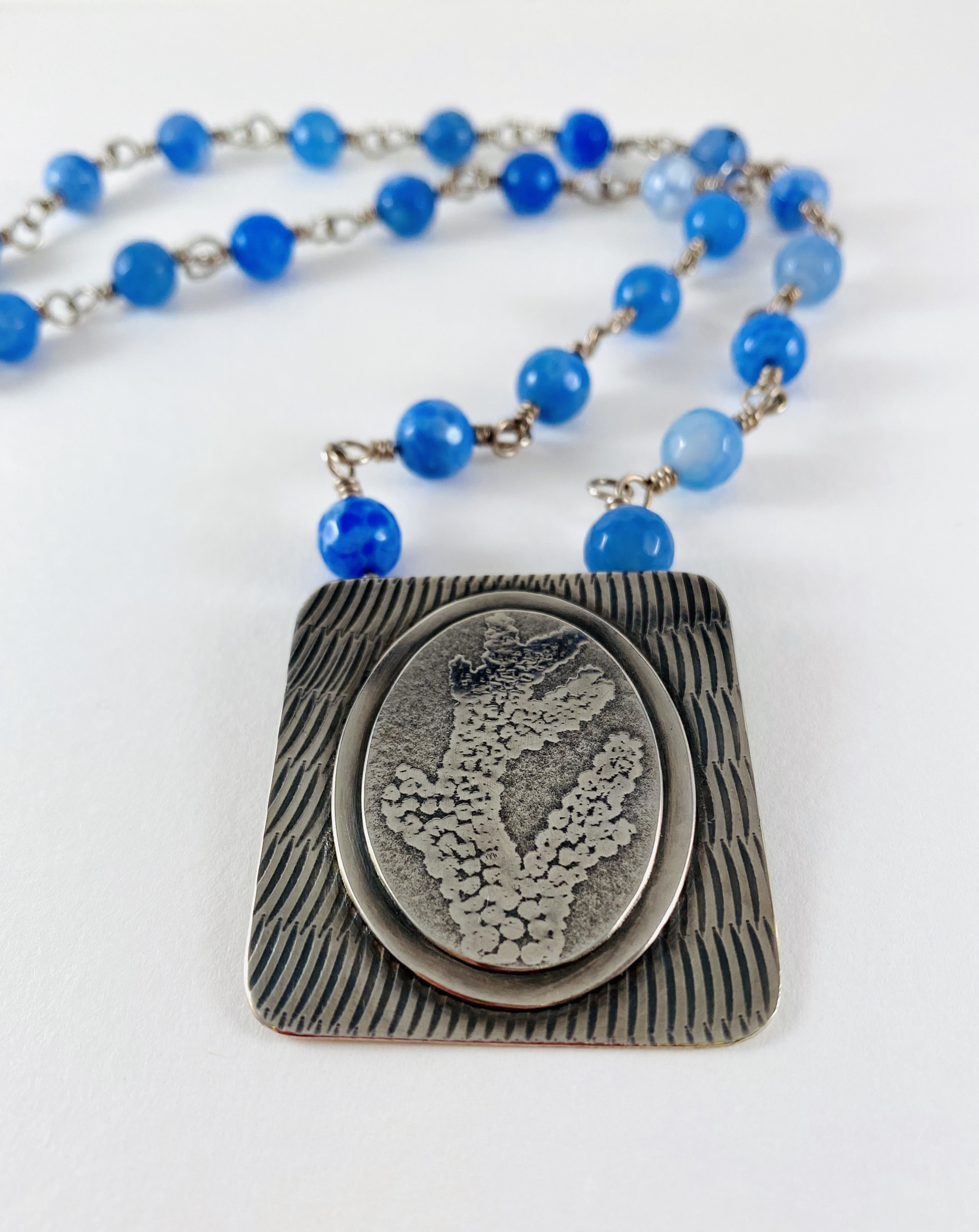 Hand Stamped Silver Pendant, Blue Agate Chain Necklace AB20-36 by Anne Bivens