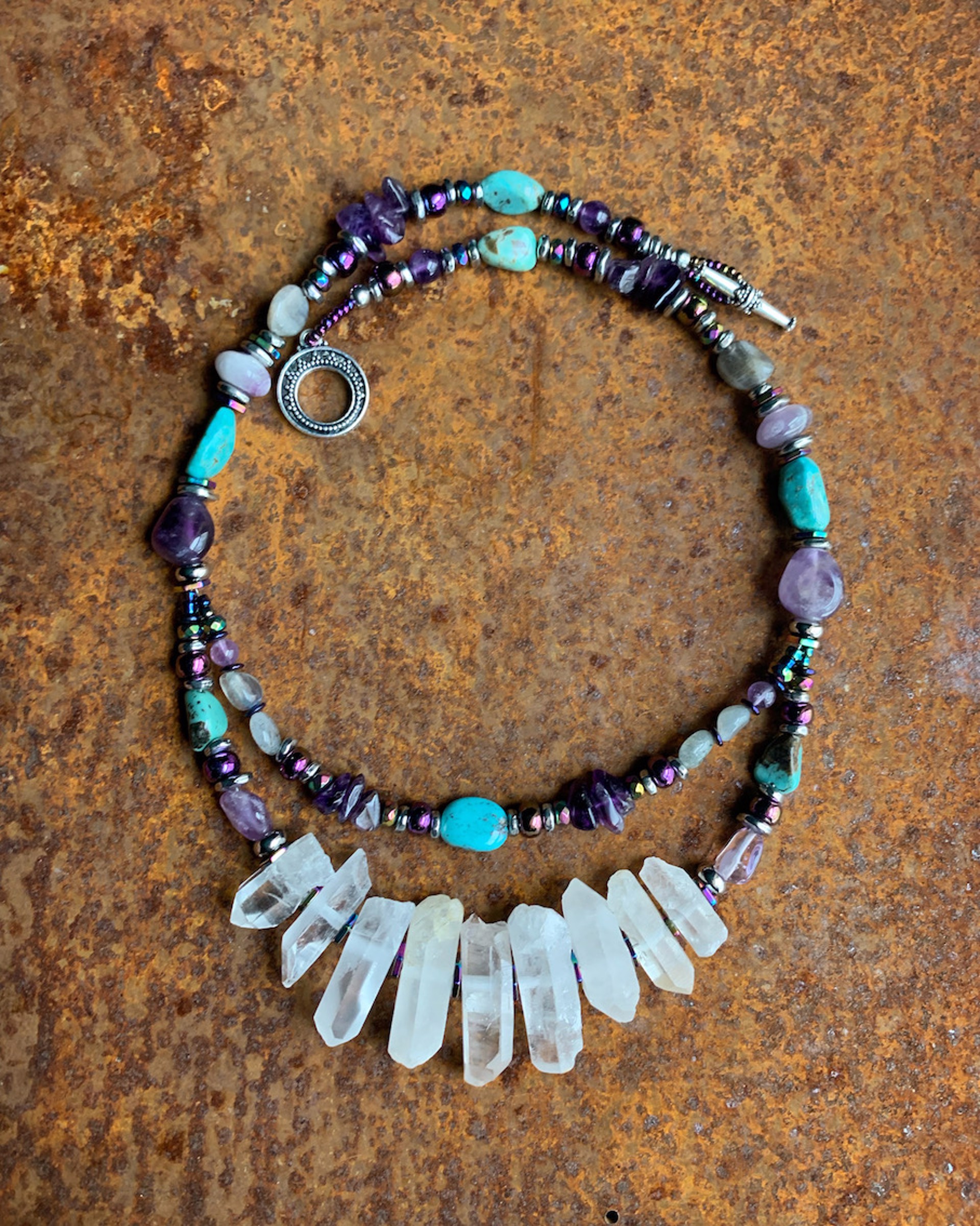K704 Quartz Crystal Necklace with Amethyst and Turquoise