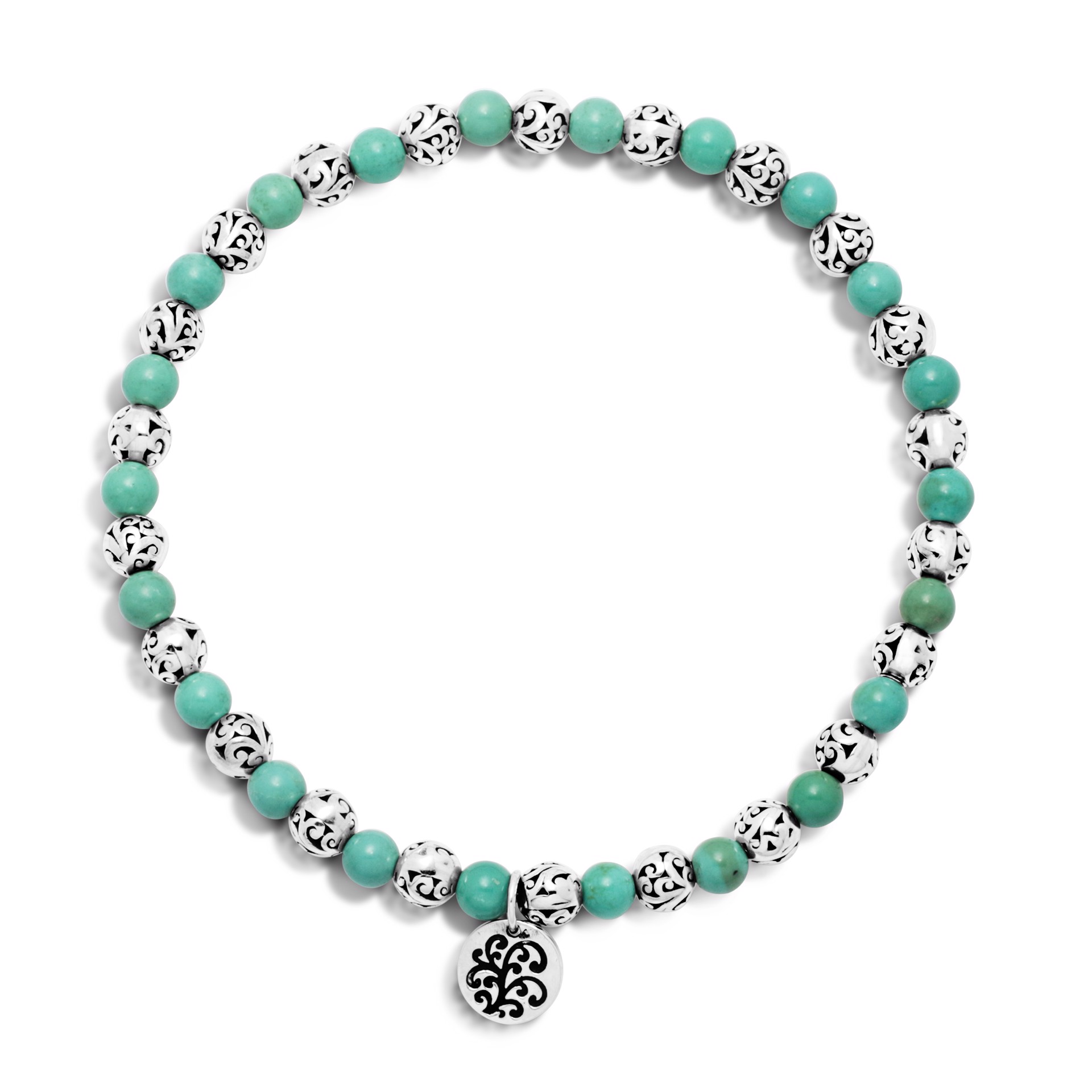 9684 Blue Green Turquoise Bead (4mm) with Scroll Sterling Silver Bead Stretch Bracelet by Lois Hill