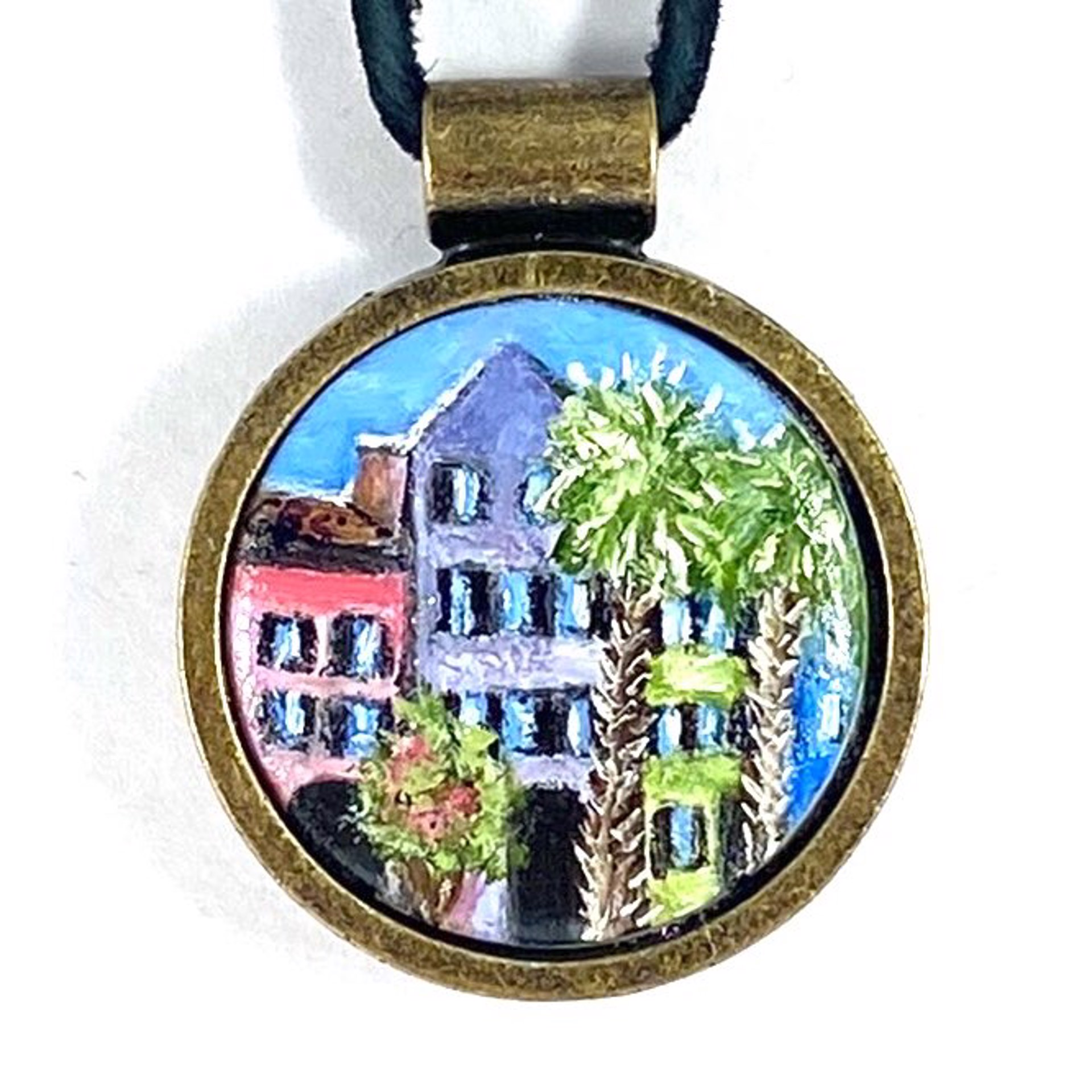 BS22-9 Rainbow Row with Palm Trees-pendent on leather by Barbara Sawyer