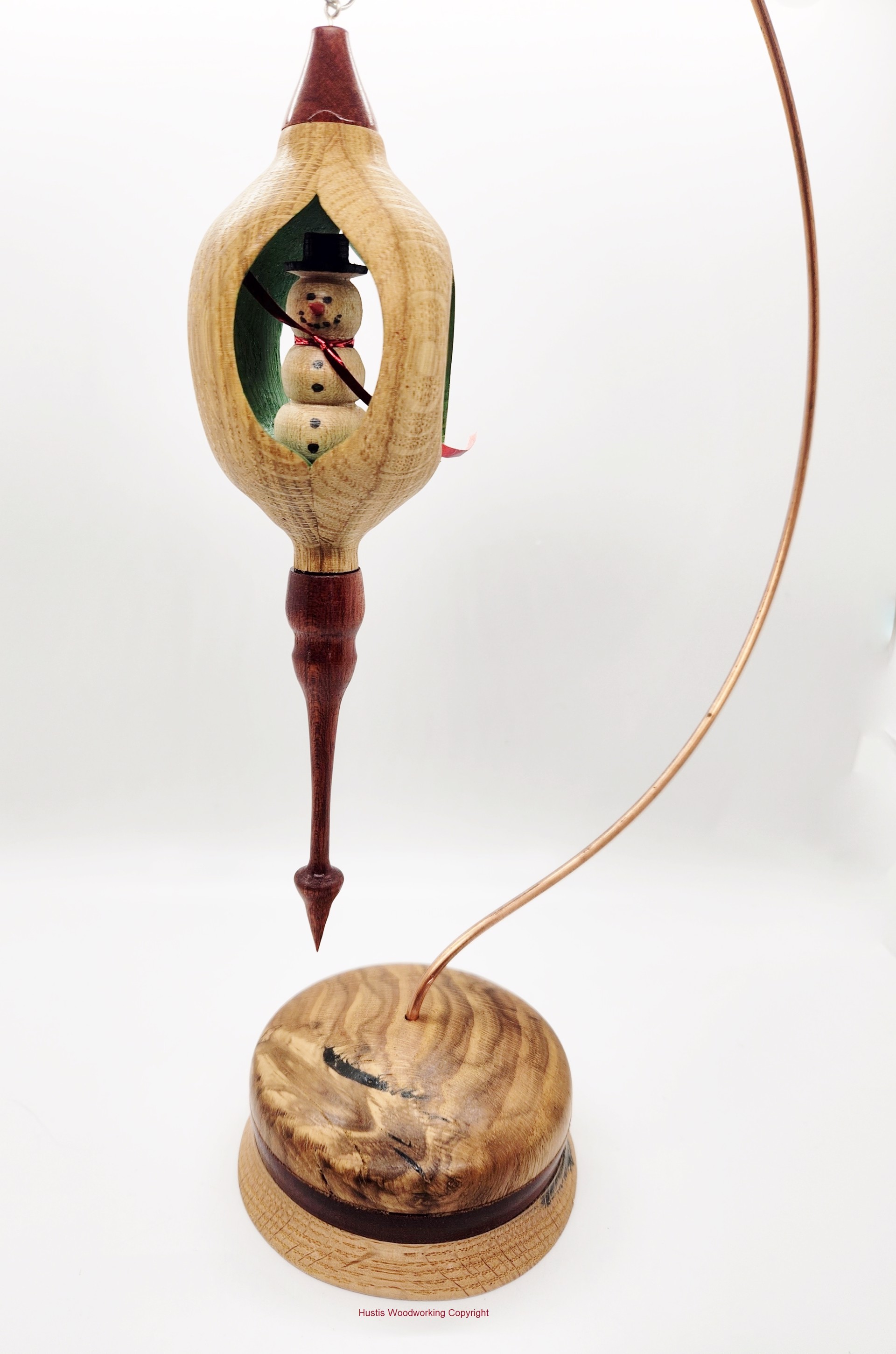 Woodturned Ornament, Green with Snowman by Mark Hustis