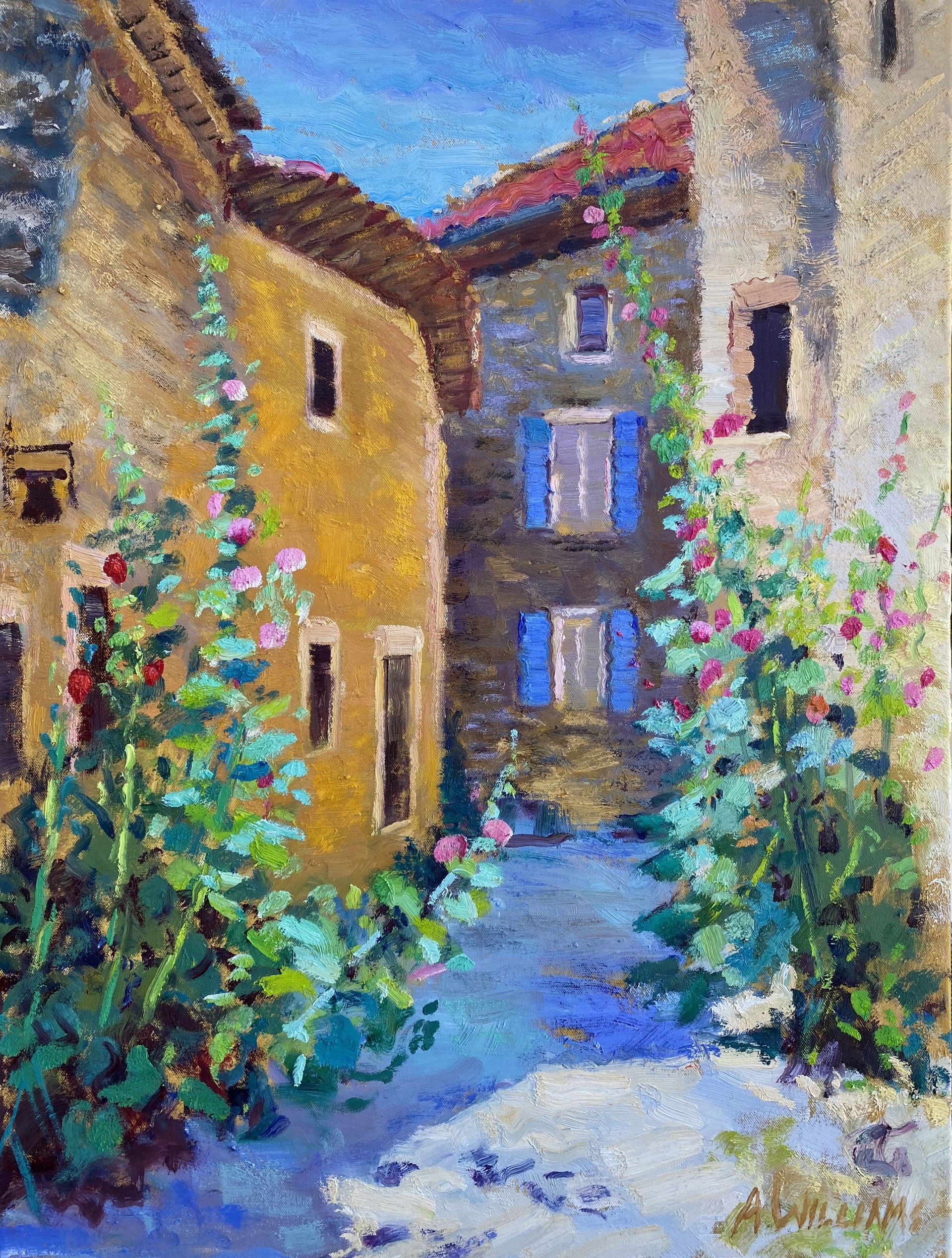 "Roses Tremieres du Village" original oil painting by Alice Williams