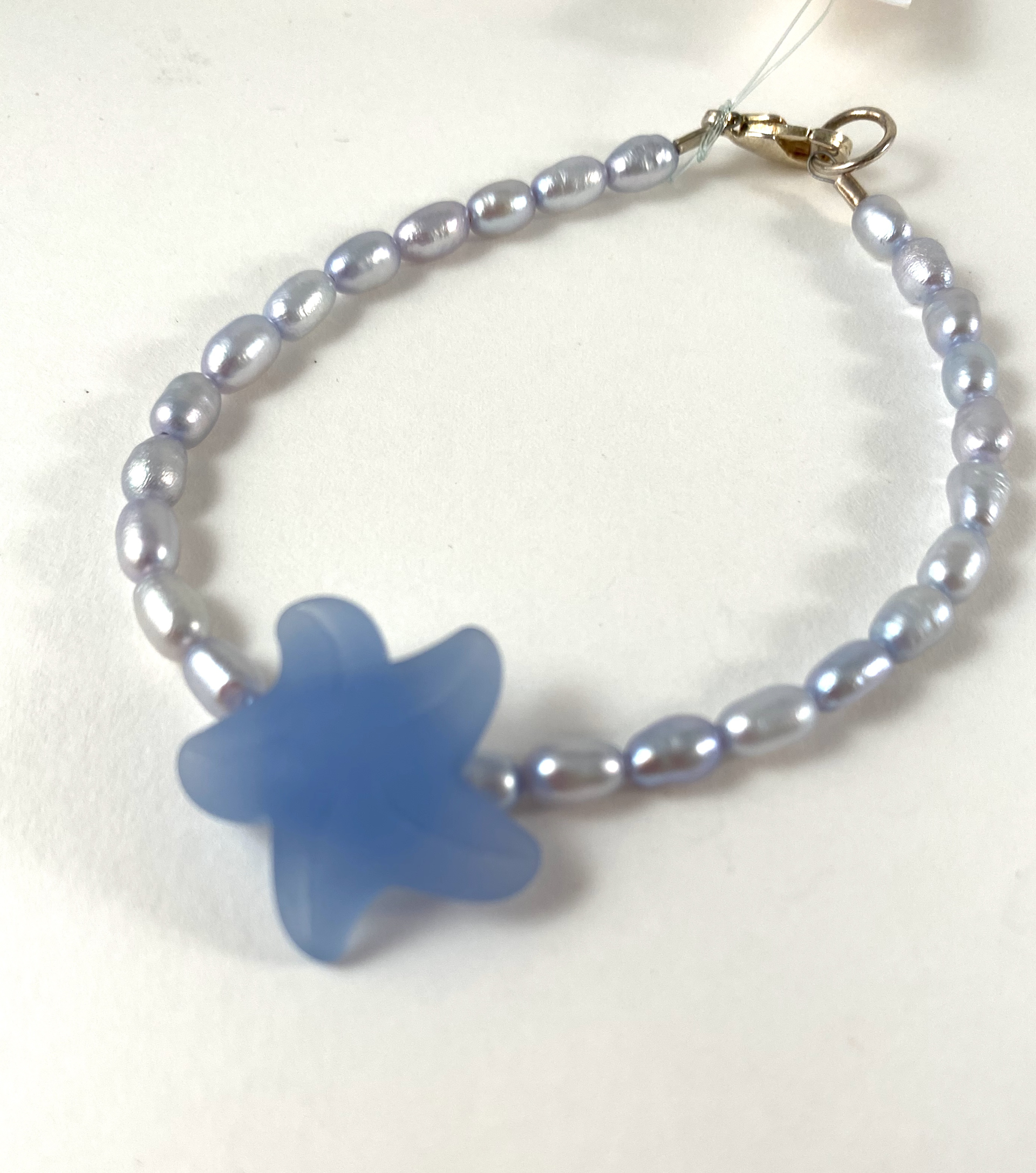 Grey Pearl Bracelet, blue cultured seaglass charm P20 by Nance Trueworthy