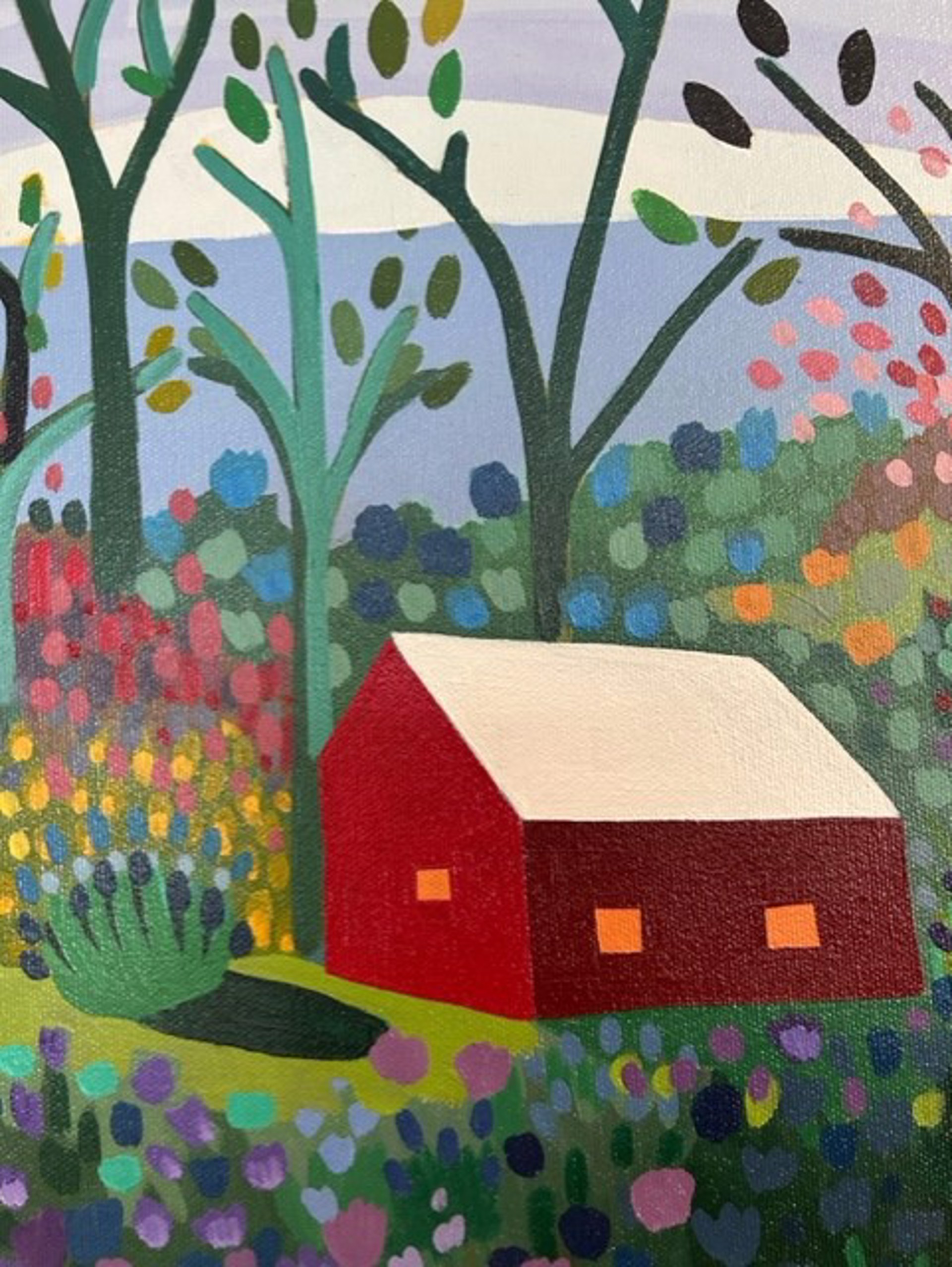 Red Barn with Tall Grass, Flowers and Trees by Sage Tucker-Ketcham