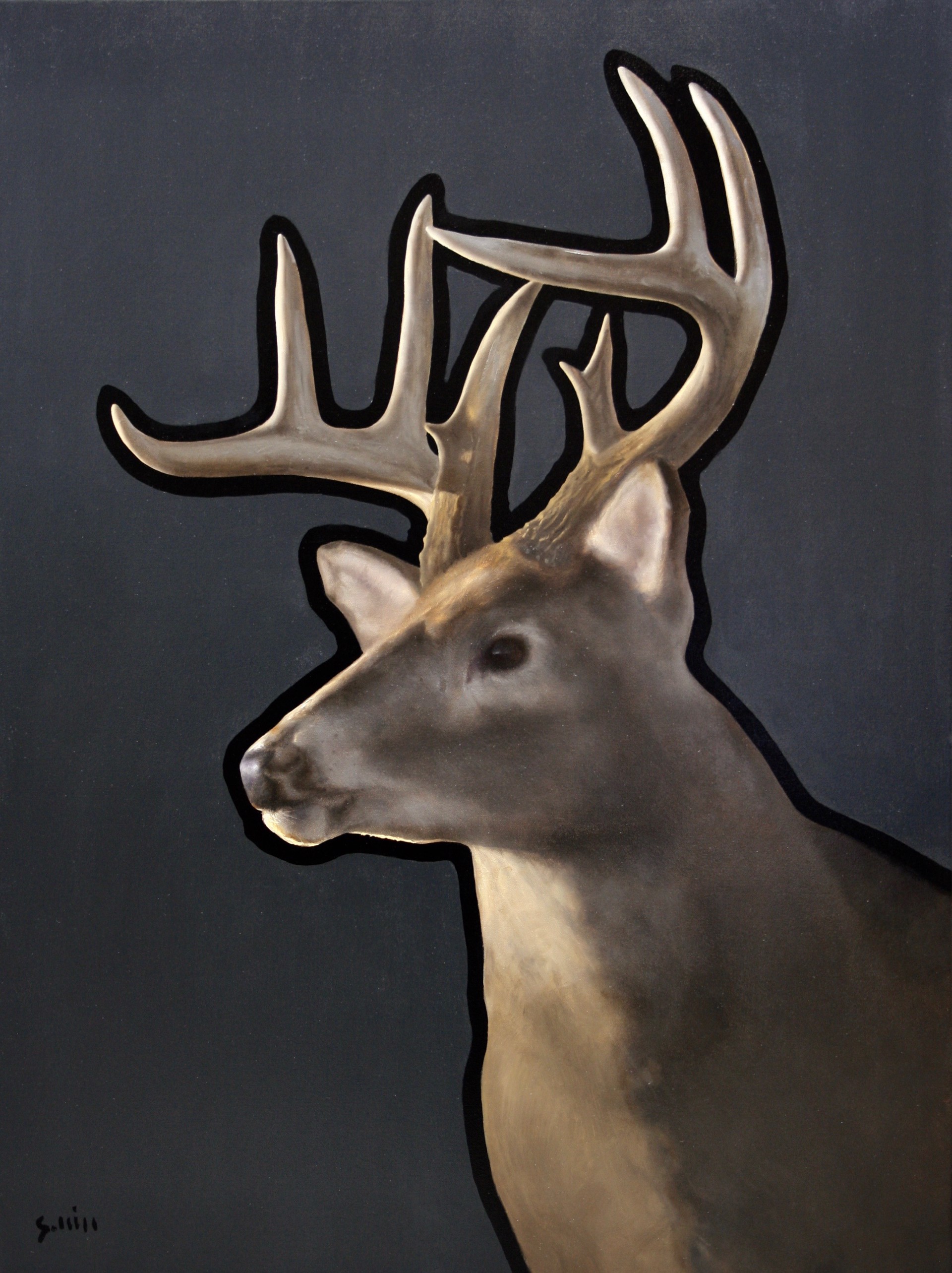 Original Oil Painting Of A Whitetail Buck Featuring A Contemporary Black Background, By George Hill