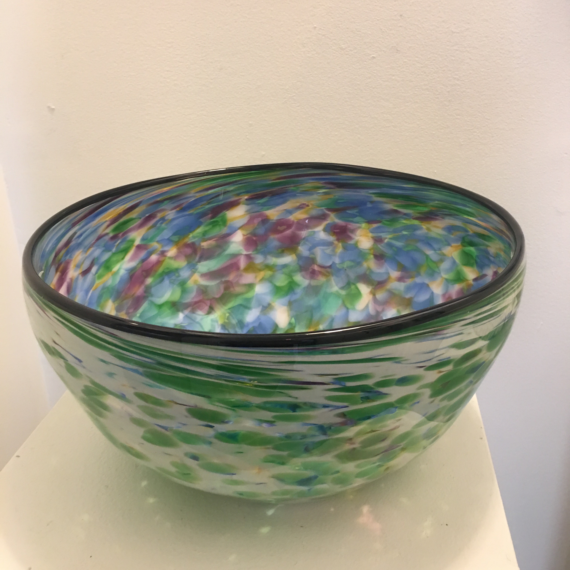 Green and White Swirl with Rainbow Interior XL Bowl by Devan Cole