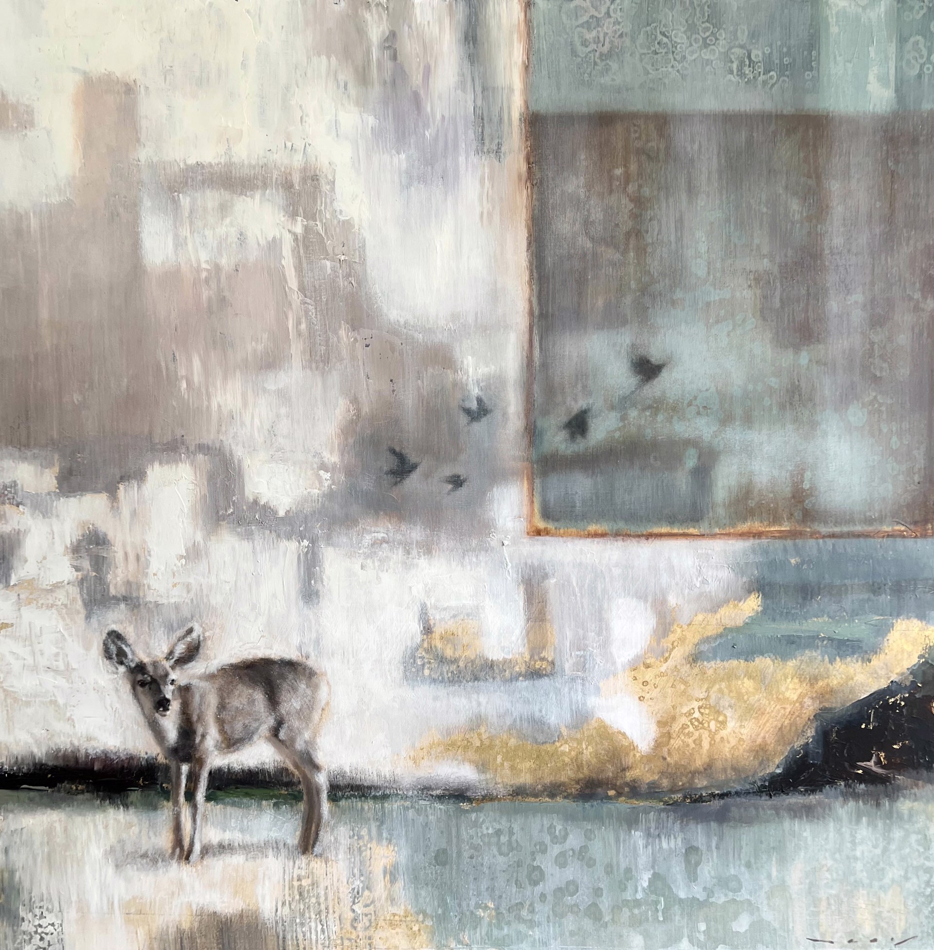 Original Mixed Media Painting By Nealy Riley Featuring A Deer Over Abstract Background
