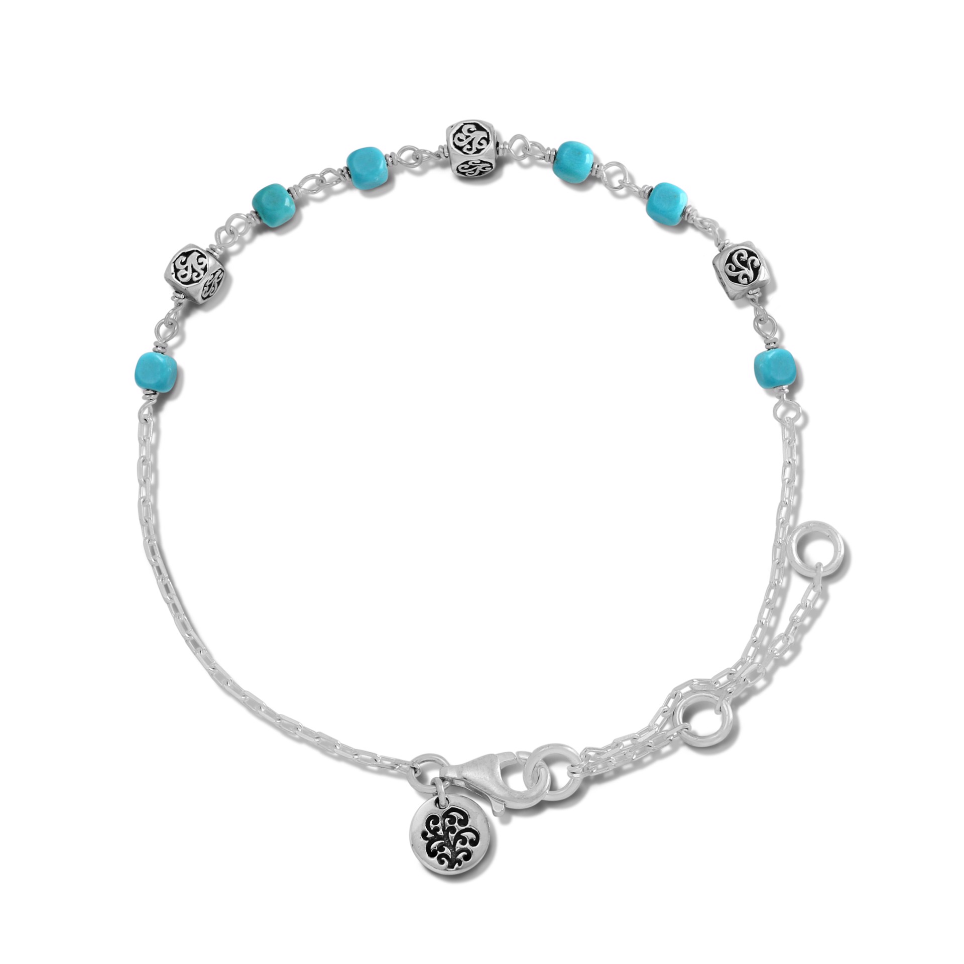 Sterling Silver Adjustable Bracelet with Turquoise Beads and Silver Signature LH Carved Beads by Lois Hill