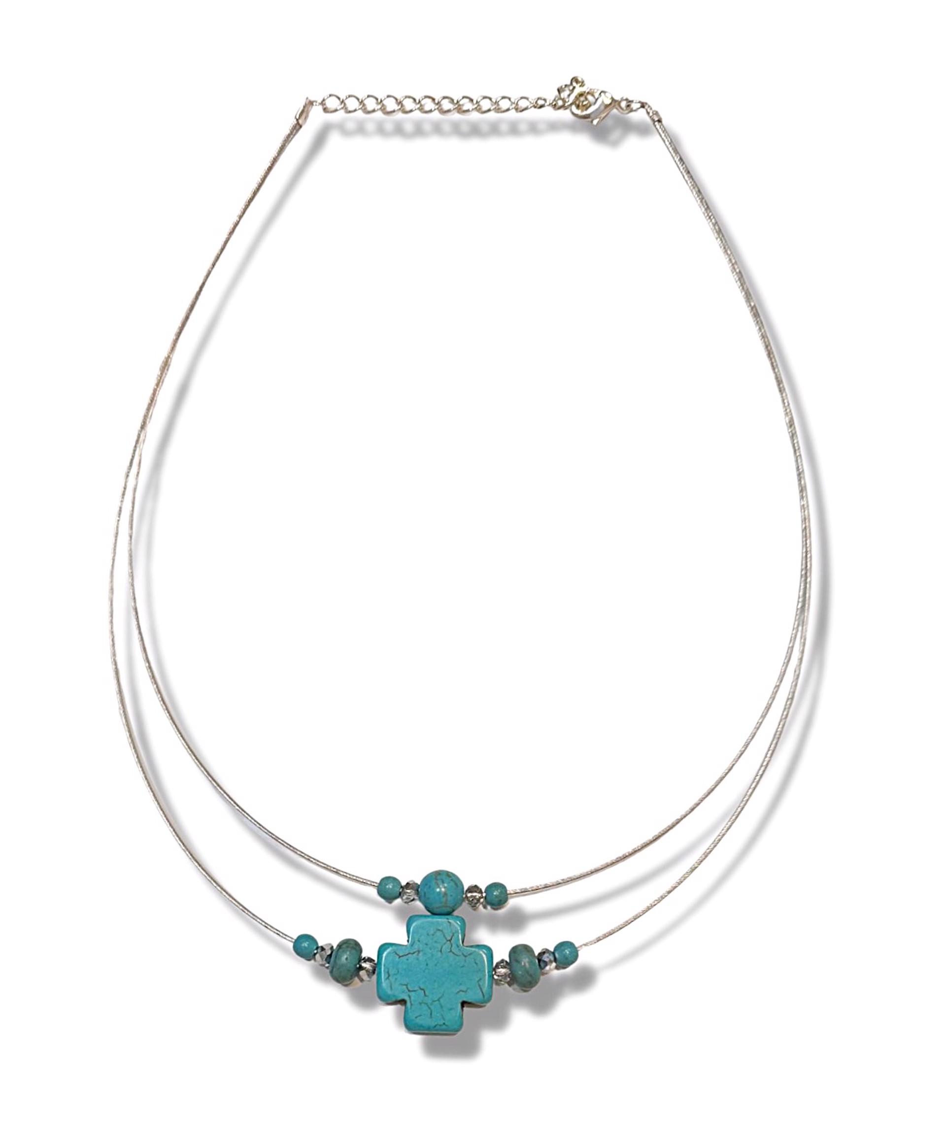 Necklace - Turquoise Crosses with Beads on a Silver Wire by Kai Cook