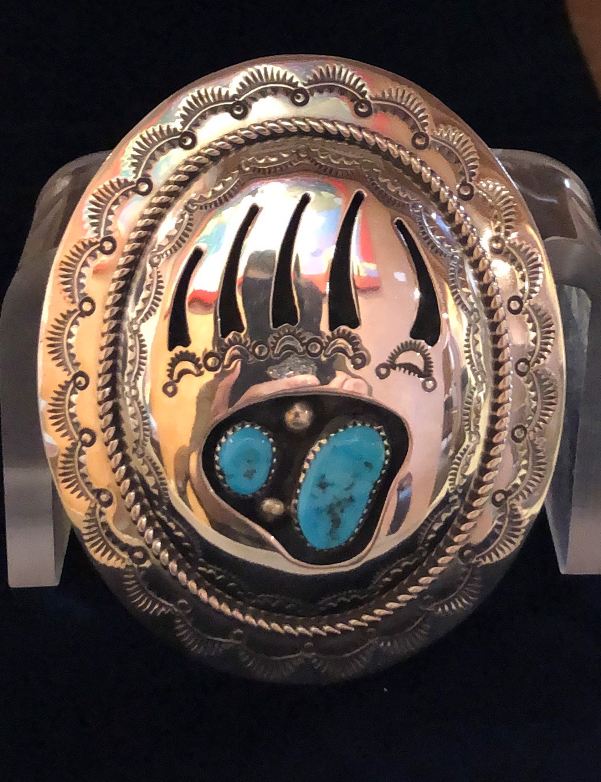 Navajo Musket Turquoise Sterling Silver Bear Paw Belt Buckle