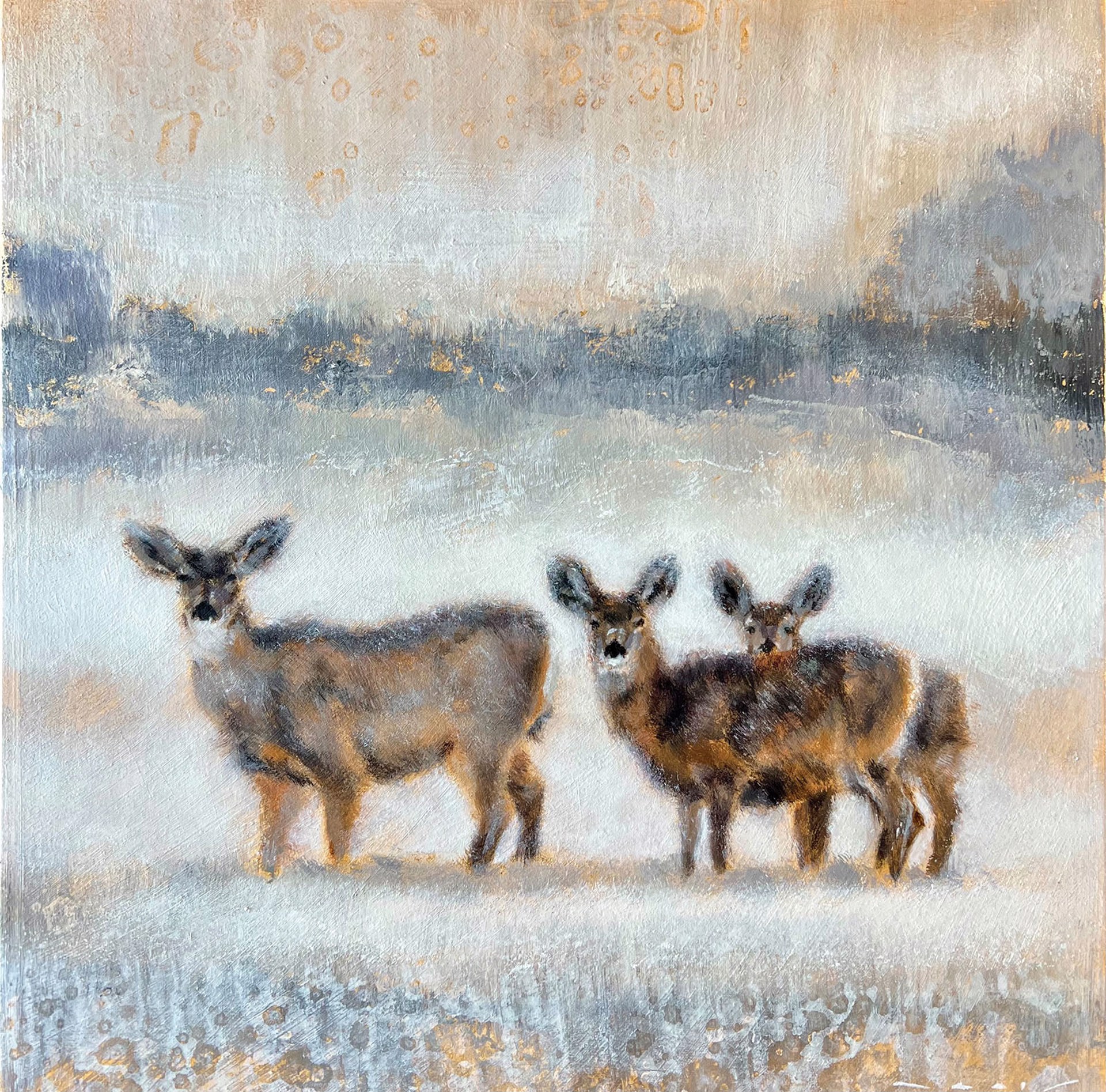 Original Mixed Media Painting By Nealy Riley Featuring Deer In Winter Landscape