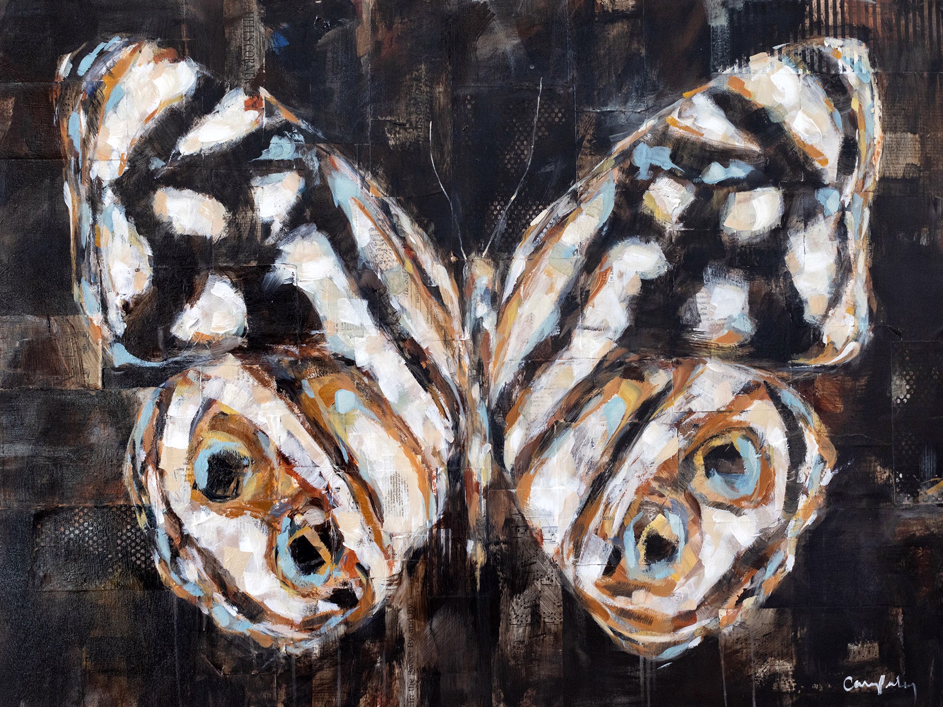 Original Mixed Media Painting By Carrie Penley Featuring A Moth With Collage Elements On Black Background