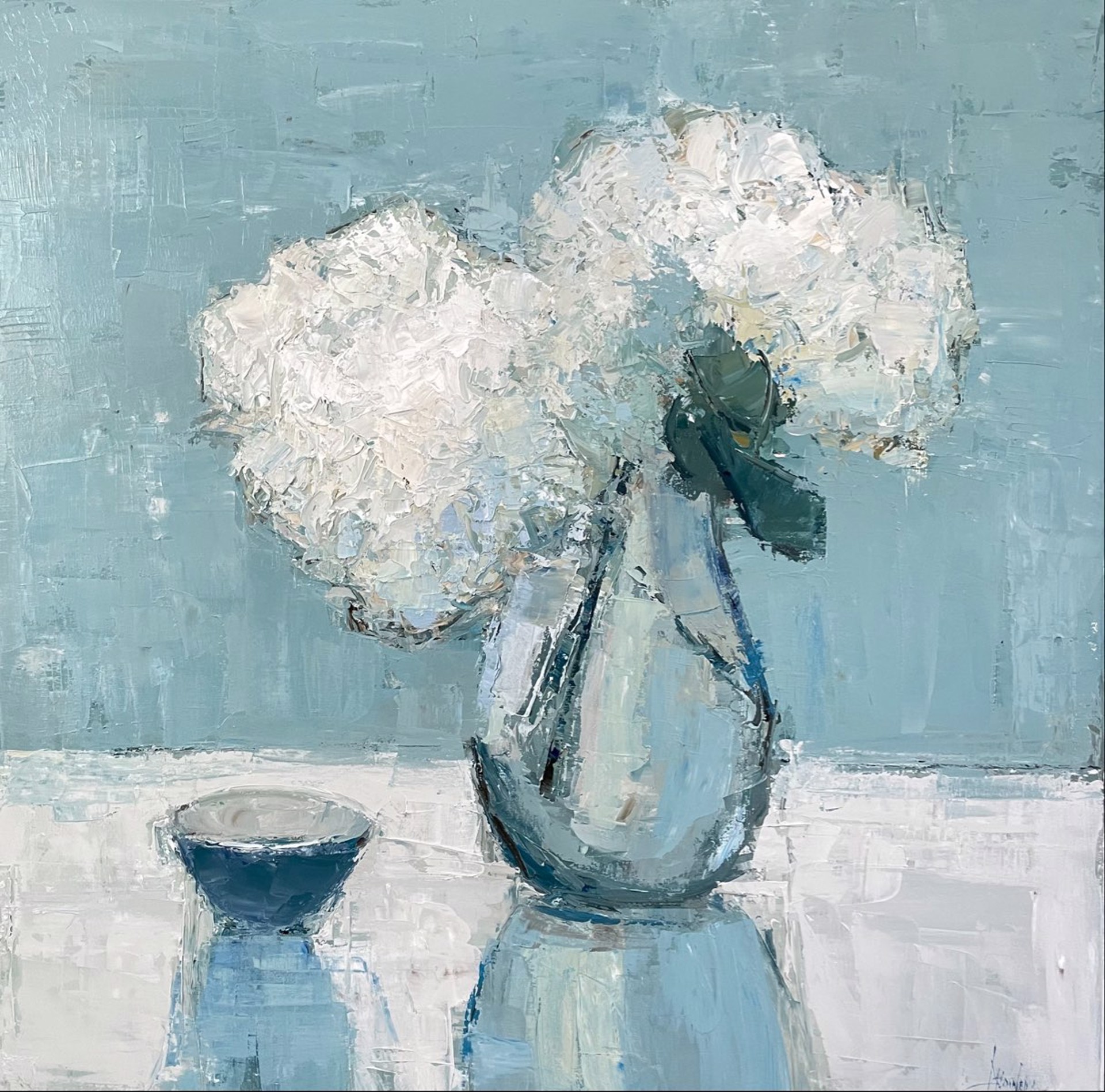 White Hydrangeas And Blue Bowl by Barbara Flowers