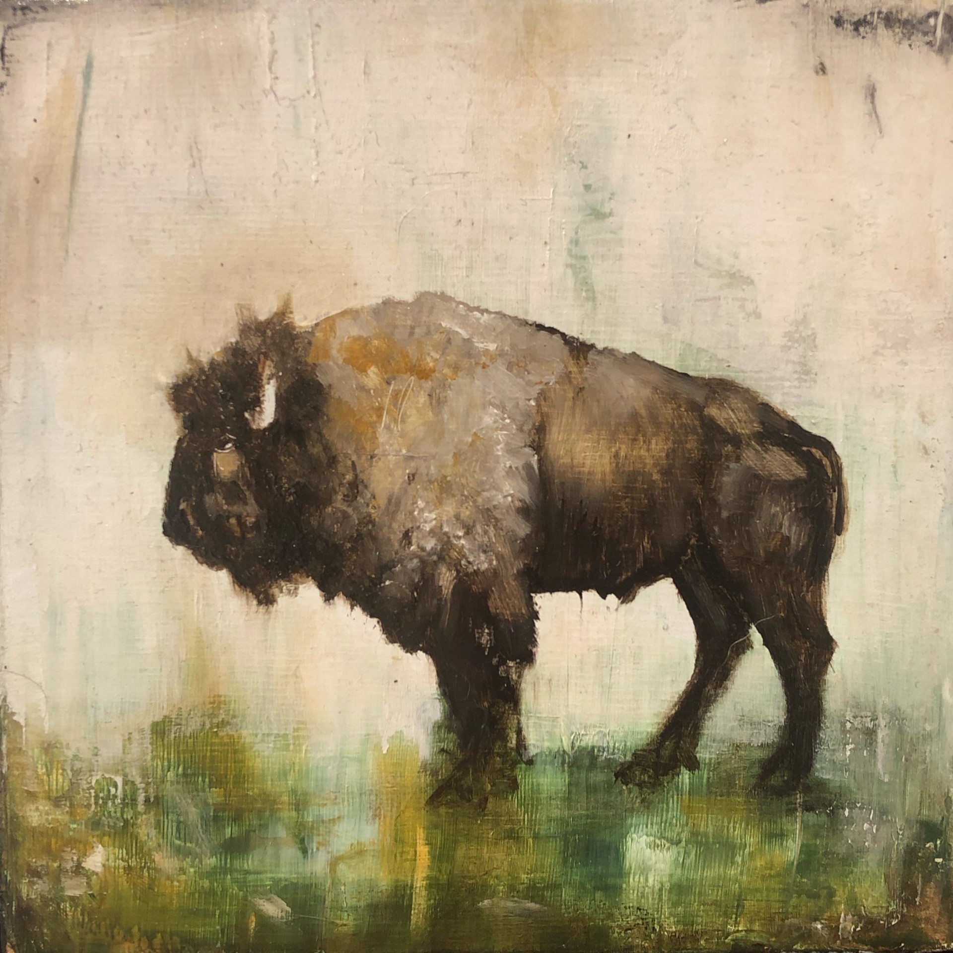 Original Painting Of A Bison Standing In Grass With A Contemporary Cream Background, By Jenna Von Benedikt