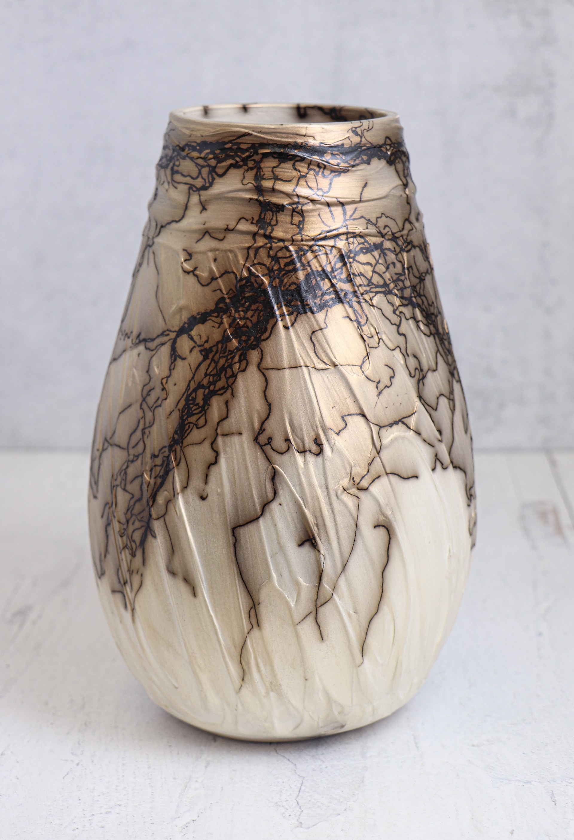 Copper Mica Horsehair Pottery with Vertical Slip by Caroline Renée Woolard