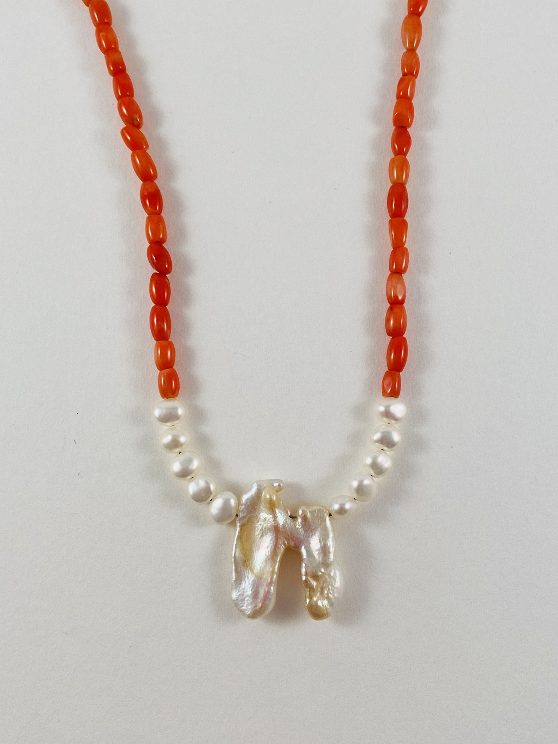 Coral Beads, White Pearls (FW) Necklace, natural formed pearl pendant by Nance Trueworthy
