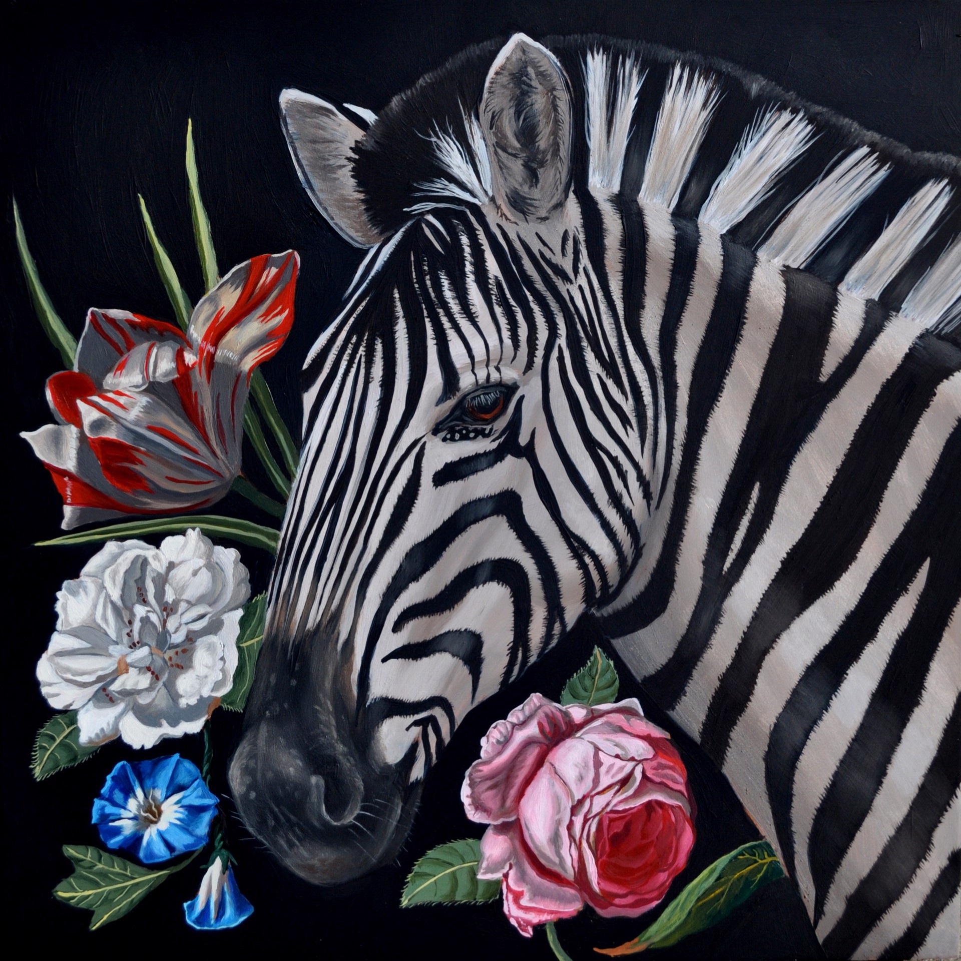 Portrait of a Zebra with Flowers by Robin Hextrum