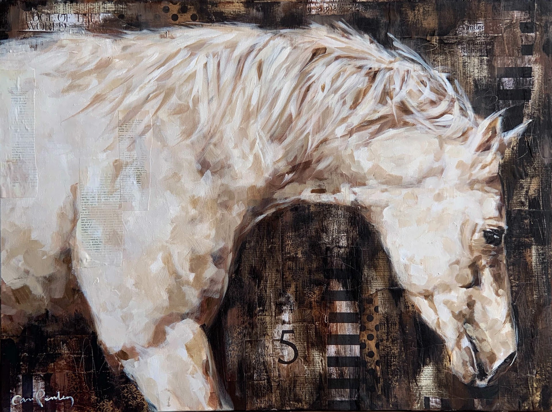 Painting Of The Front Of A White Horse On A Newspaper Collage Background Painted Brown, By Carrie Penley