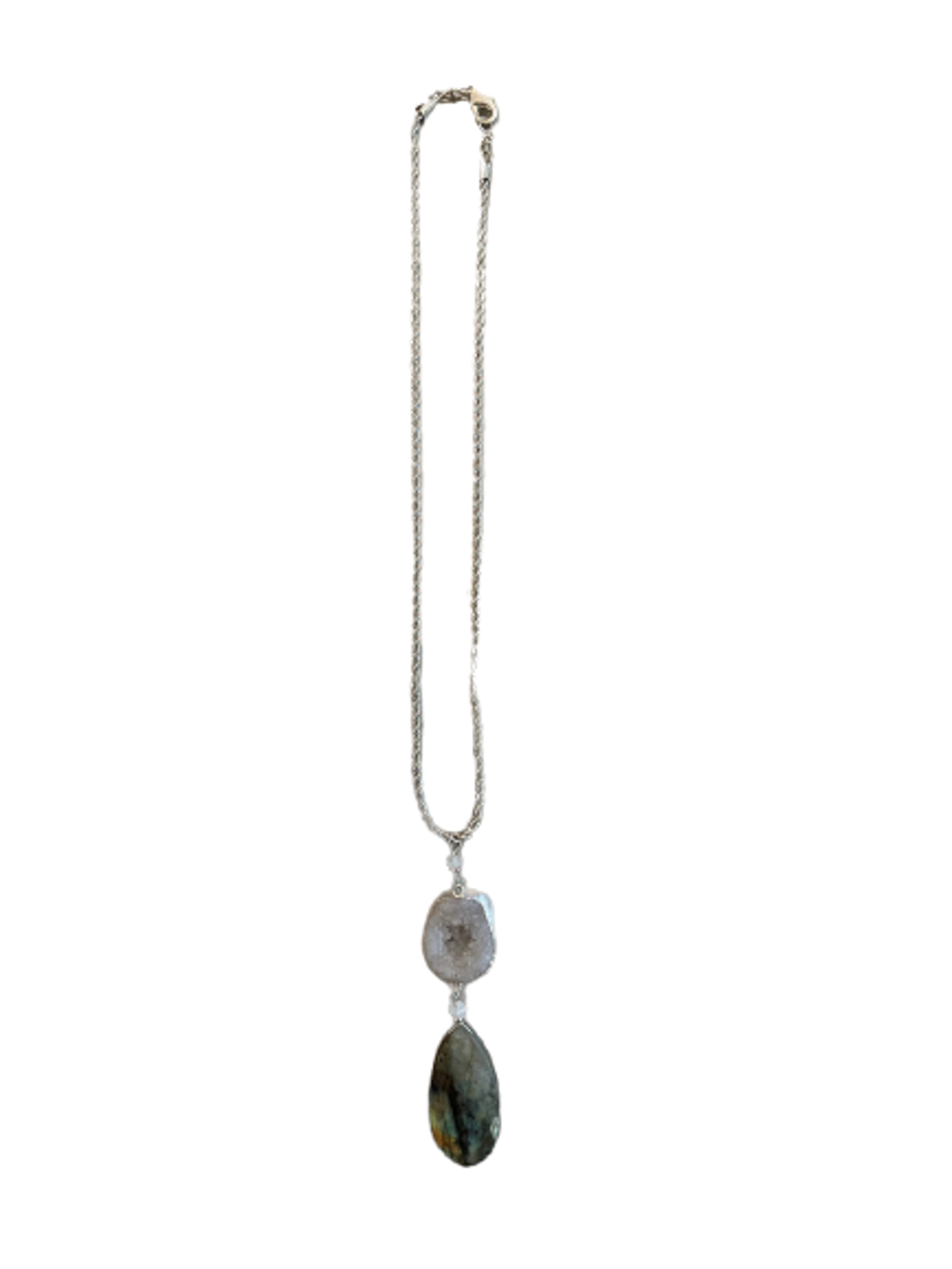 16” White Gold Filled Rope Chain with Sterling Electroplated White Geode & Labradorite Drop by ZinniaLou Jewelry