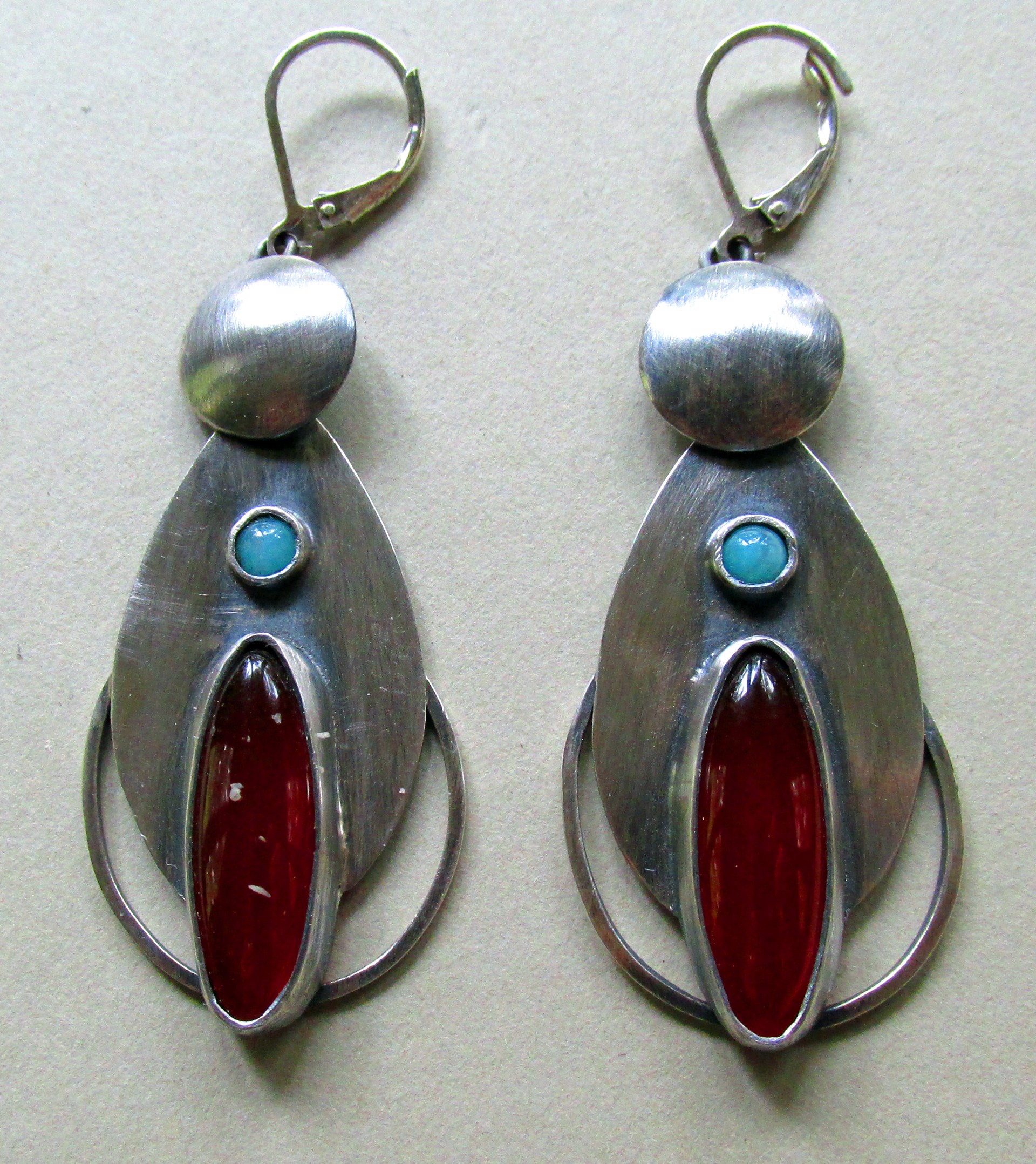 Carnelian, Amazonite, and Sterling Silver Earrings by Anne Rob