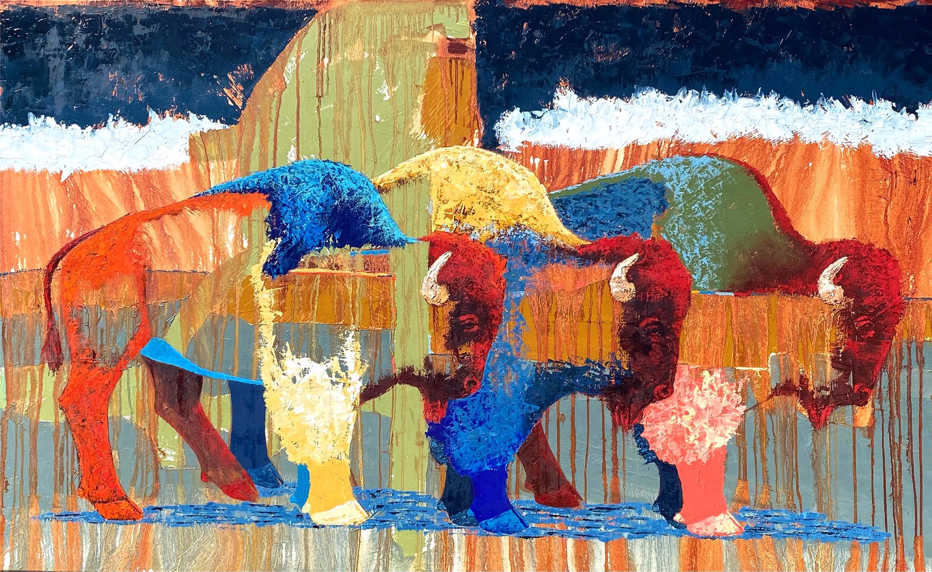 Original Oil Painting Featuring Three Bison Walking In Bright Colored Blocking Over Abstract And Textured Background