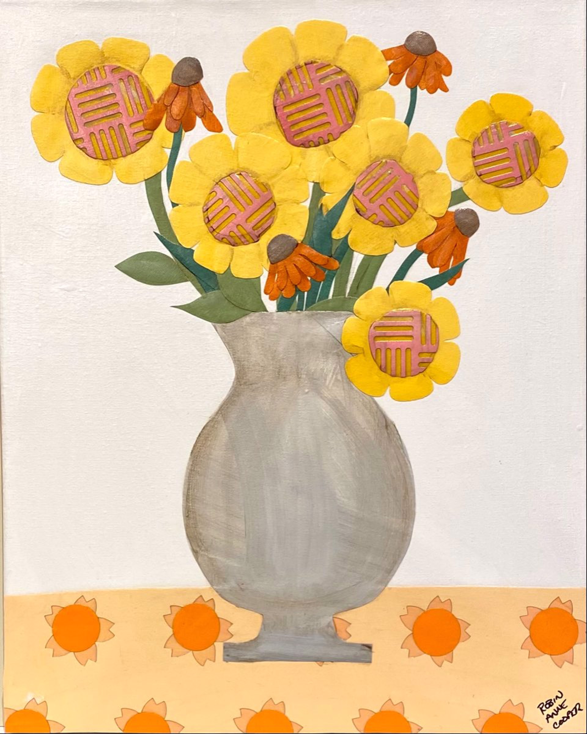 Still Life Yellow  Flowers in Silver Vase on White RC22-44 by Robin Cooper