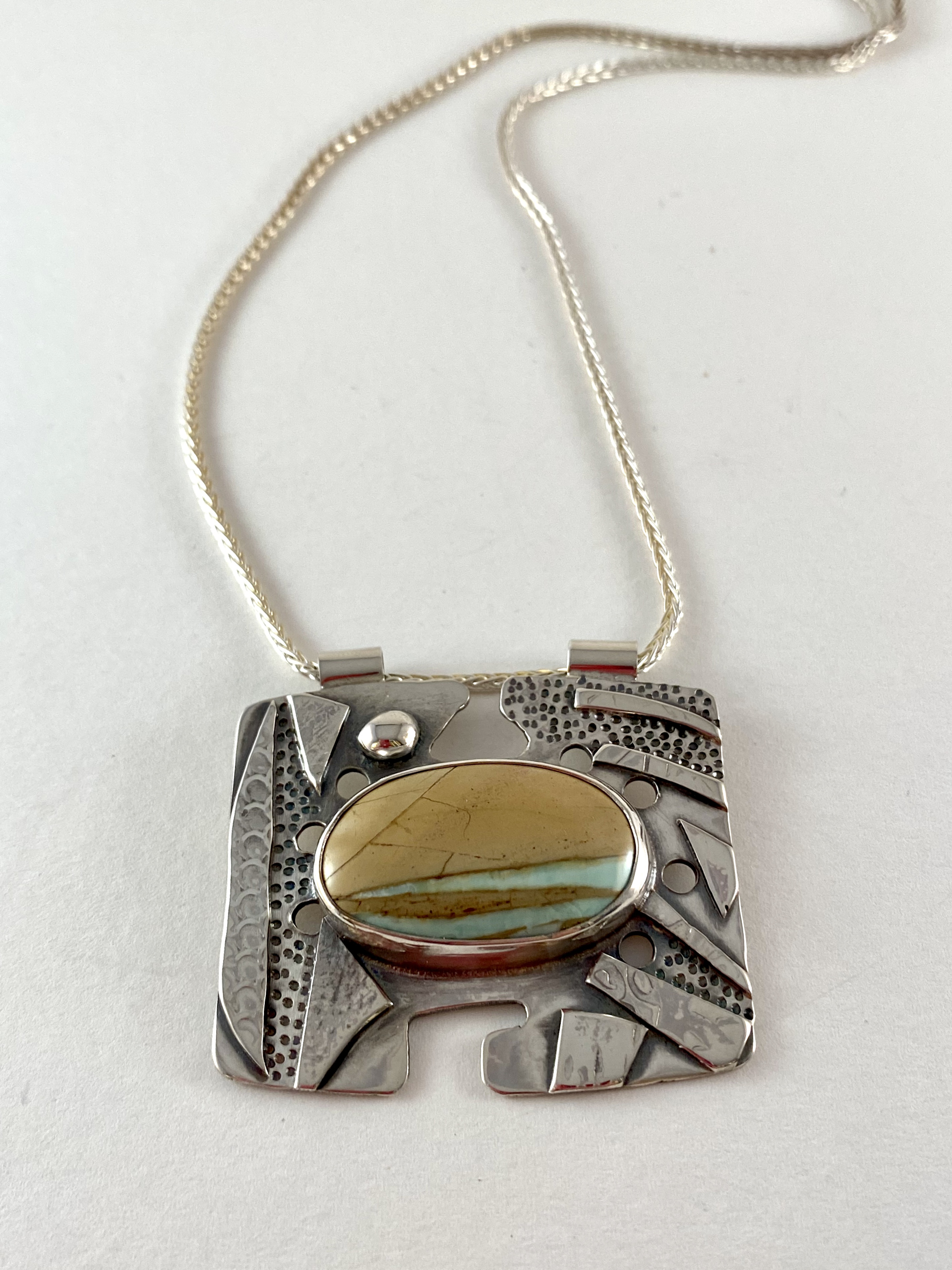 Patchwork Hand Textured Sterling Variscite Pendant, Silver18"Chain Necklace AB20-112 by Anne Bivens