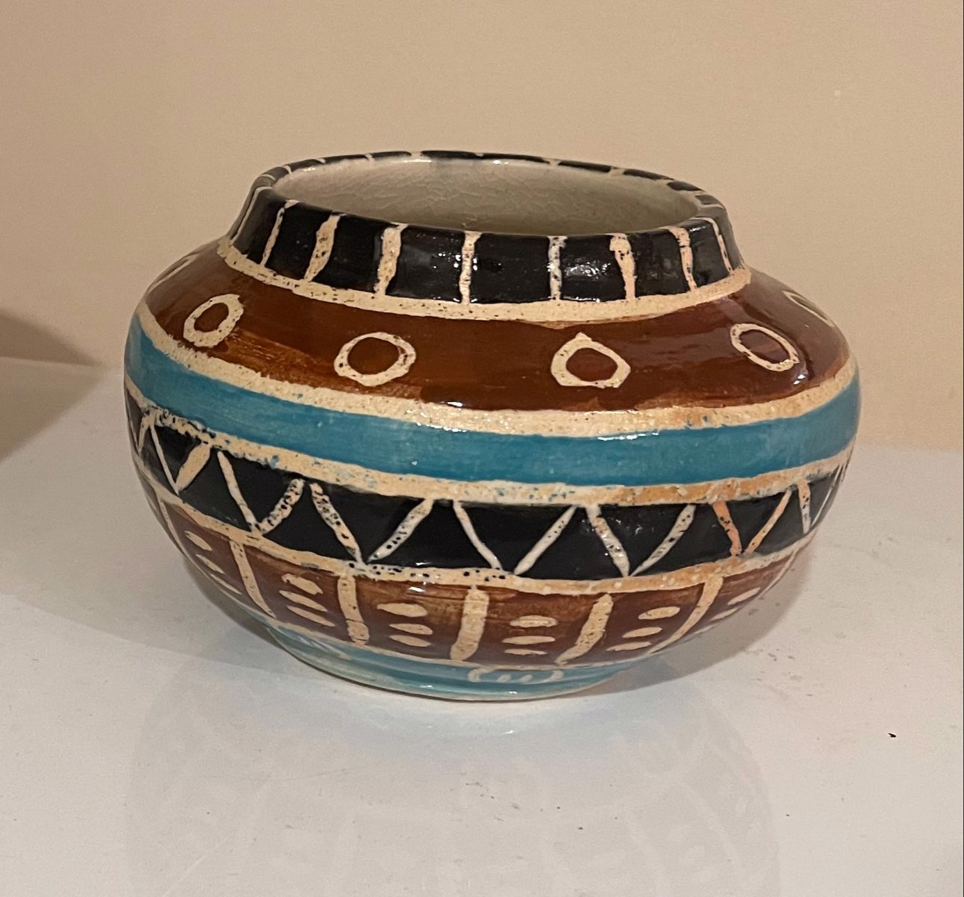 Brown And Turquoise Pot by Patricia Simpson