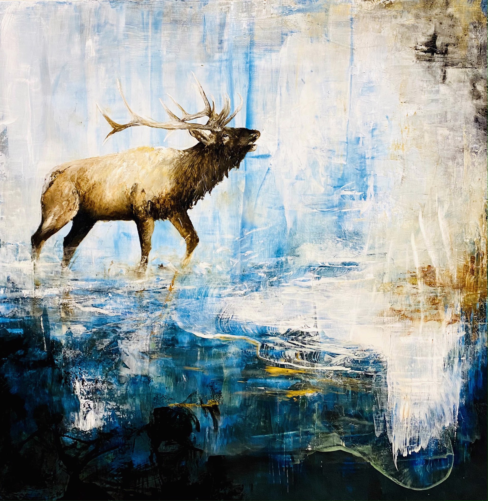 Original Oil Painting Featuring An Elk In Stride Over Abstract Background In Blues Whites And Yellow