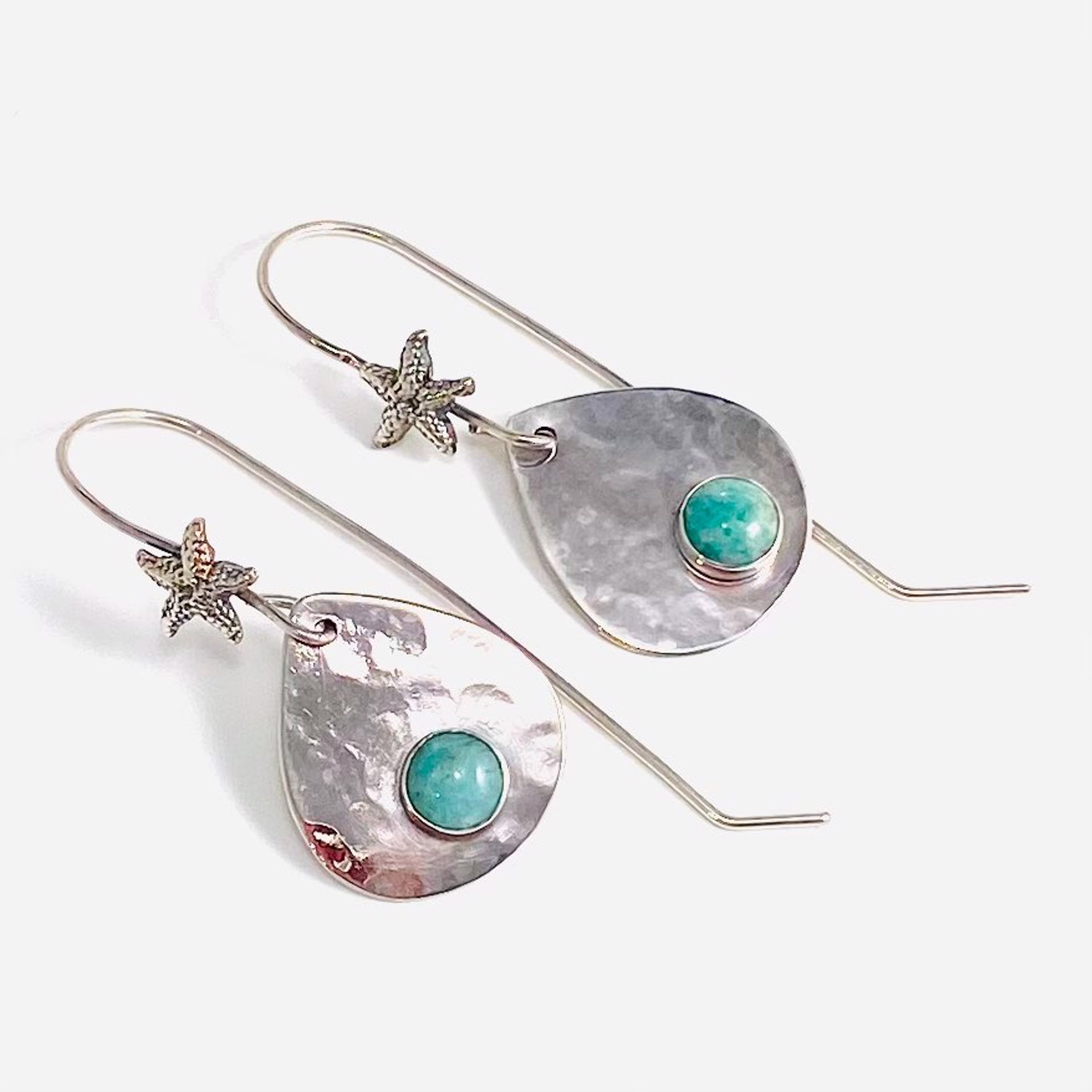 AB22-59 Small Hammered Teardrop Brazilian Amazonite Cabochon Starfish AccentEarrings by Anne Bivens